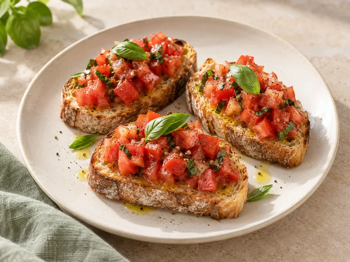 Drei Bruschetta mit Tomaten und Basilikum auf einem Teller