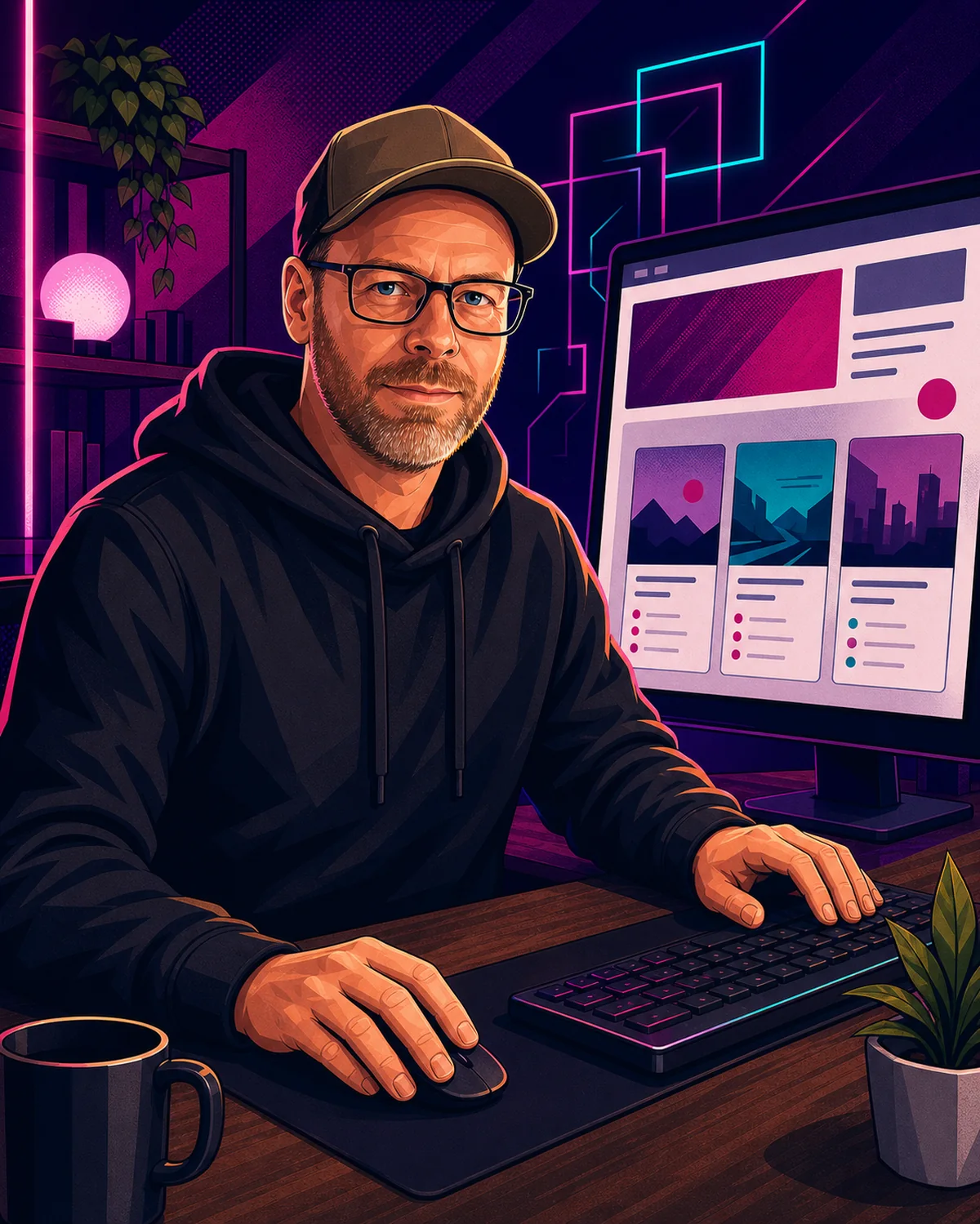 Illustrierter Avatar von Chris Derix an einem Arbeitsplatz mit Bildschirm, Tastatur und Maus