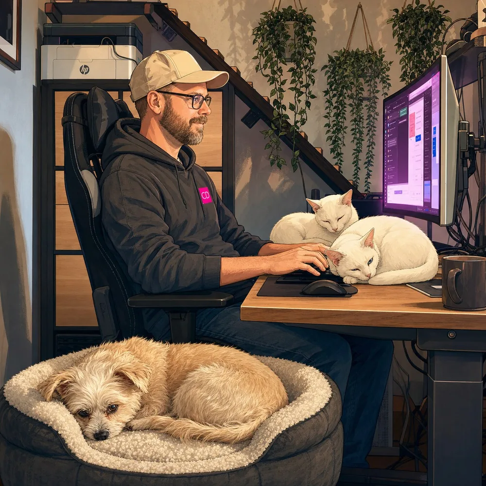 Illustration von Chris Derix am Arbeitsplatz mit den Katzen Kasi und Mausi sowie Hund Amy