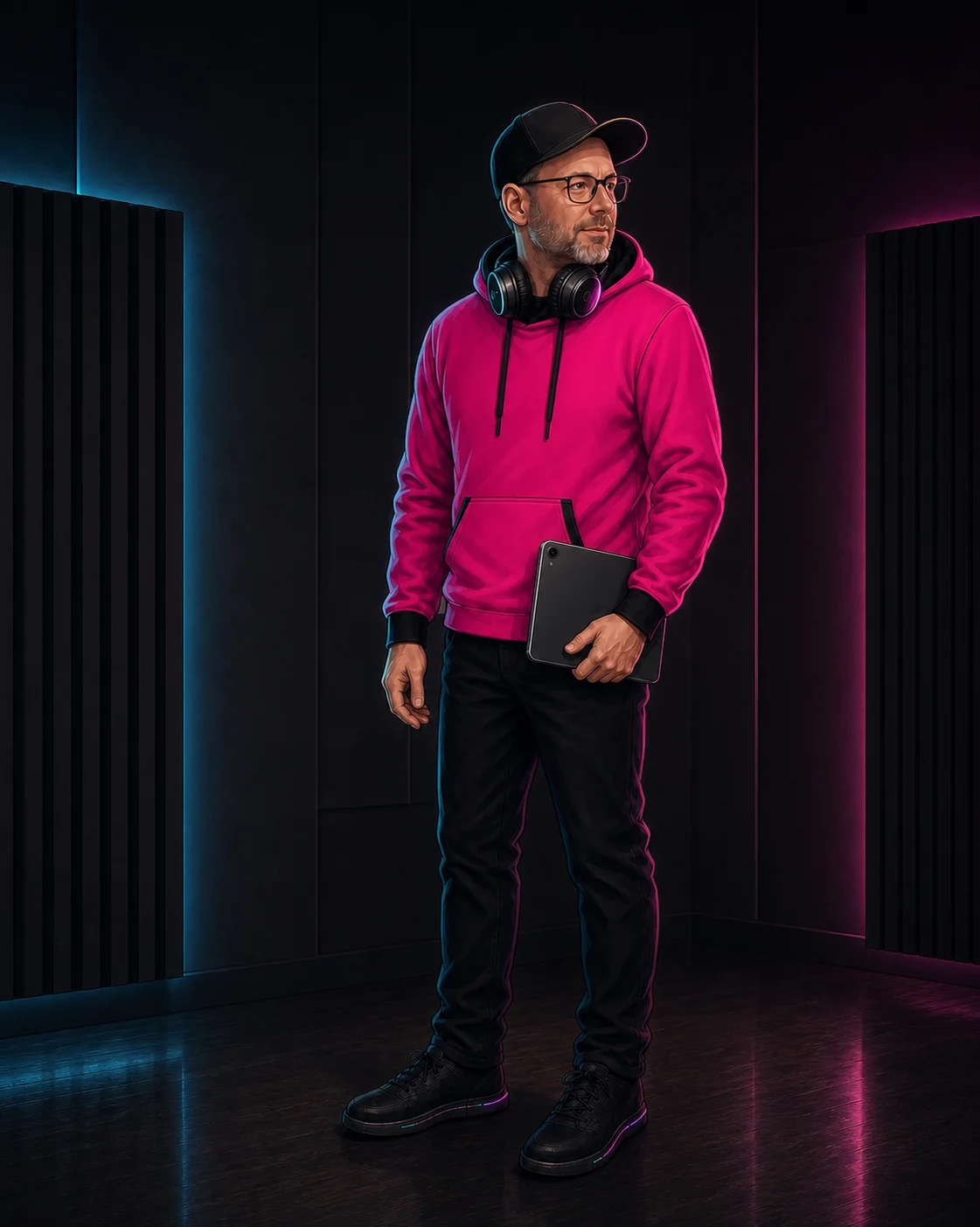 Editoriale Ganzkörperillustration von Chris Derix mit Cappy, Kopfhörern, pinkem Hoodie und einem schwarzen Tablet