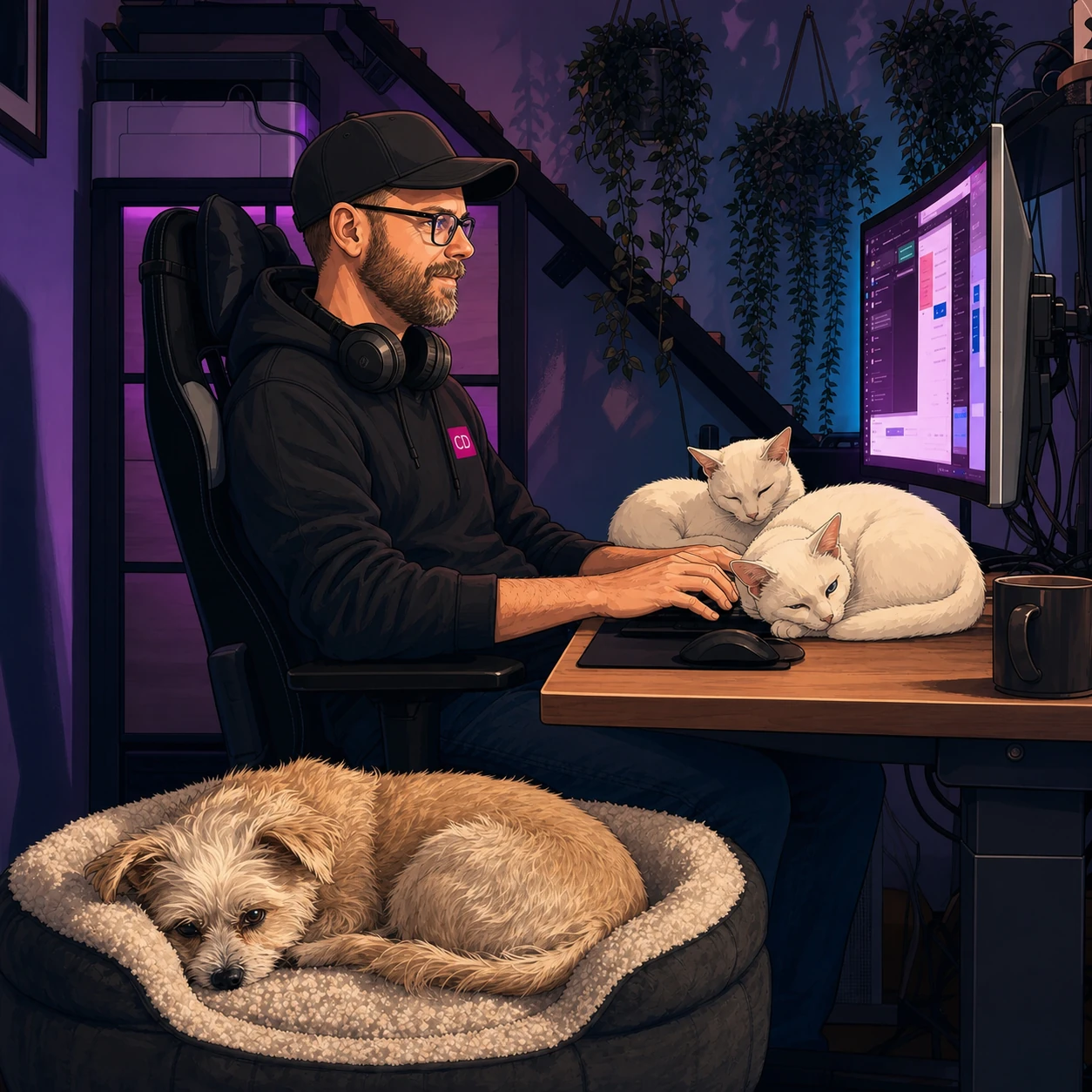 Illustration von Chris Derix am Arbeitsplatz mit den Katzen Kasi und Mausi sowie Hund Amy