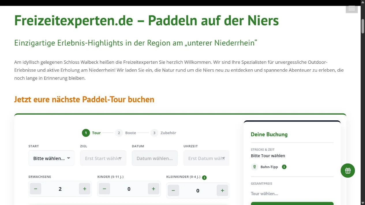 Mehrstufiger Paddeltour-Konfigurator von Freizeitexperten mit Tour-, Personen- und Buchungsauswahl