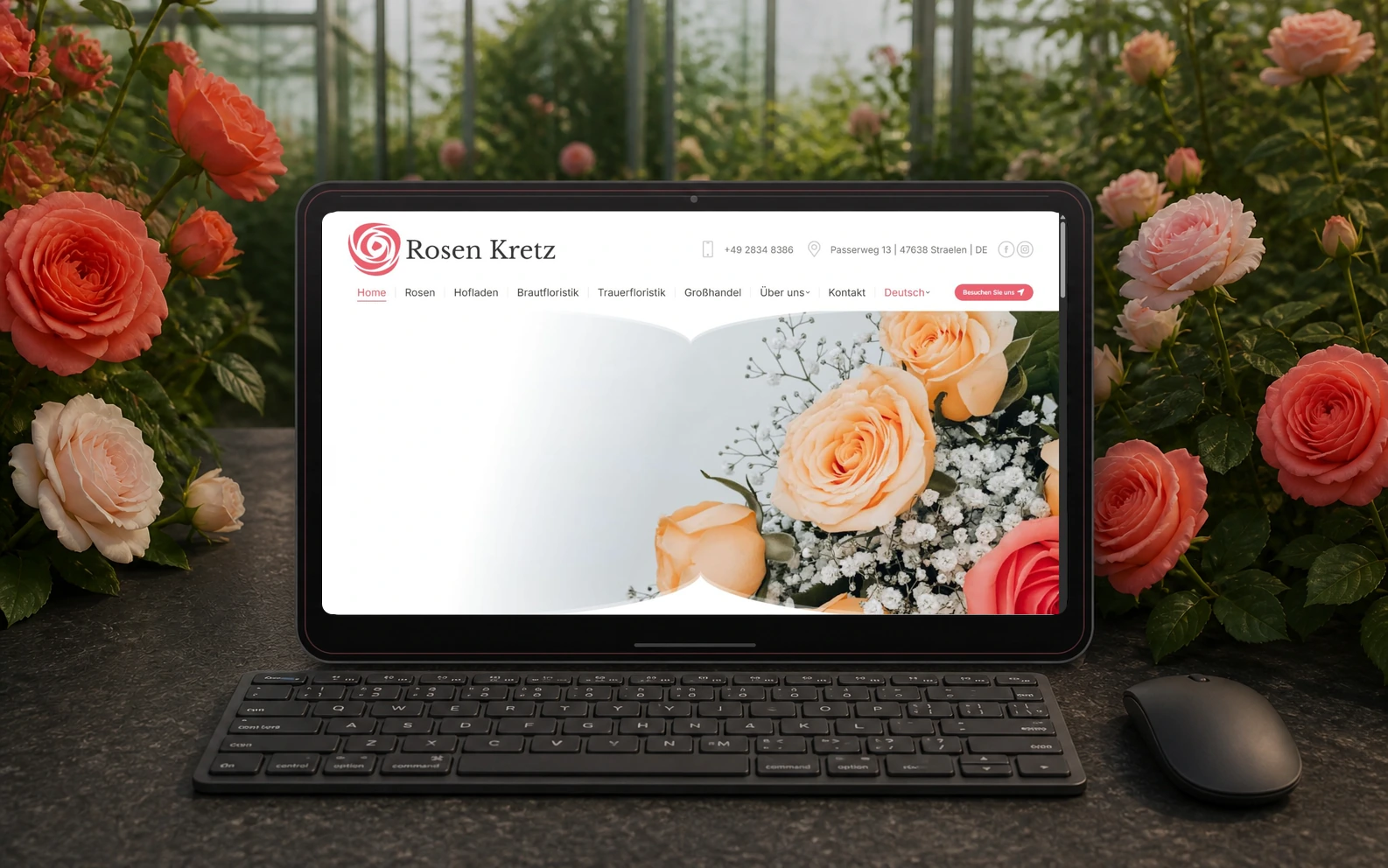 Monitor mit Tastatur und Maus im Rosengewächshaus mit der Startseite von Rosen Kretz aus Straelen