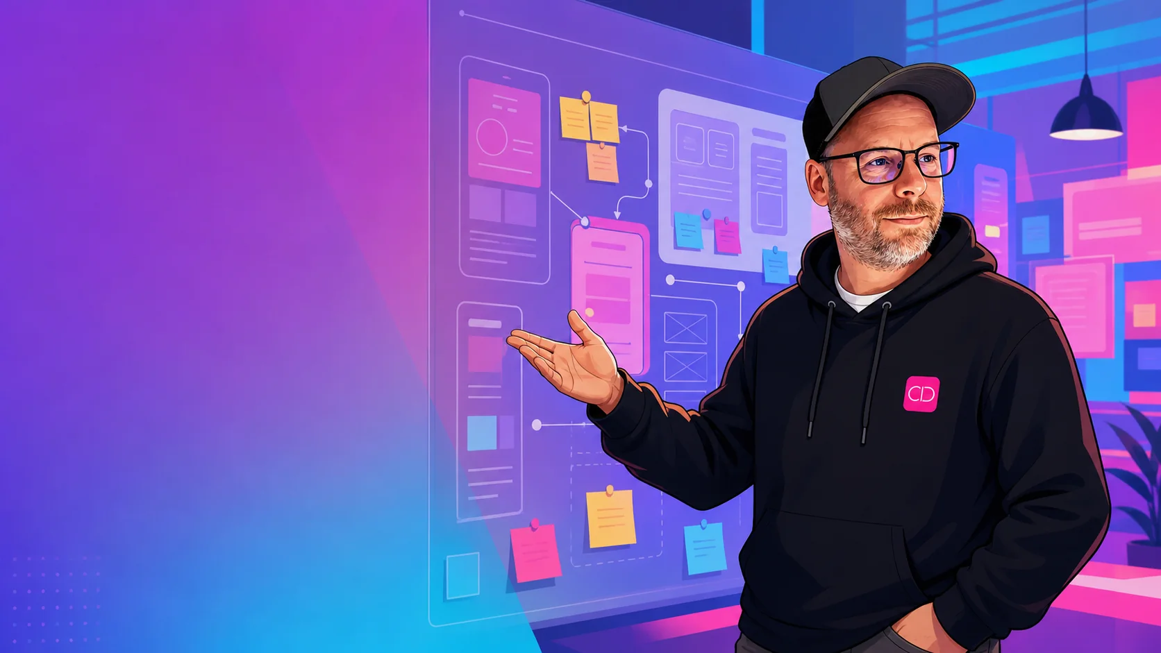Illustration von Chris Derix bei einem UI/UX-Workshop mit Interface-Entwürfen und Nutzerwegen