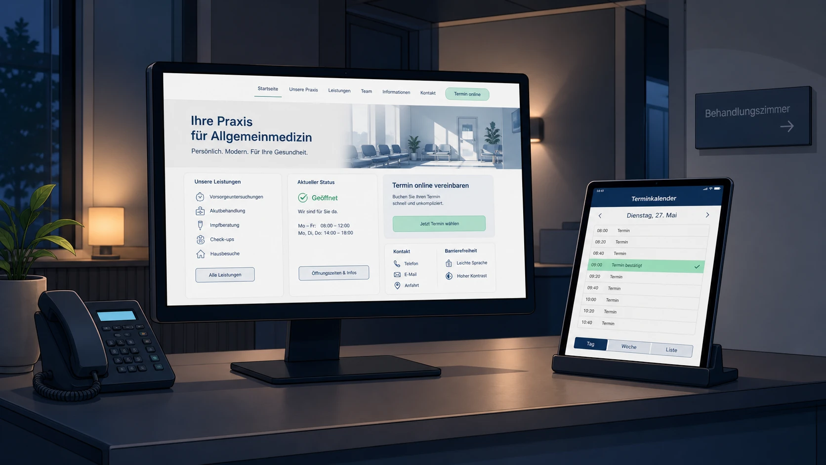 Praxis-Arbeitsplatz mit Website auf einem Monitor und digitalem Terminkalender auf einem Tablet