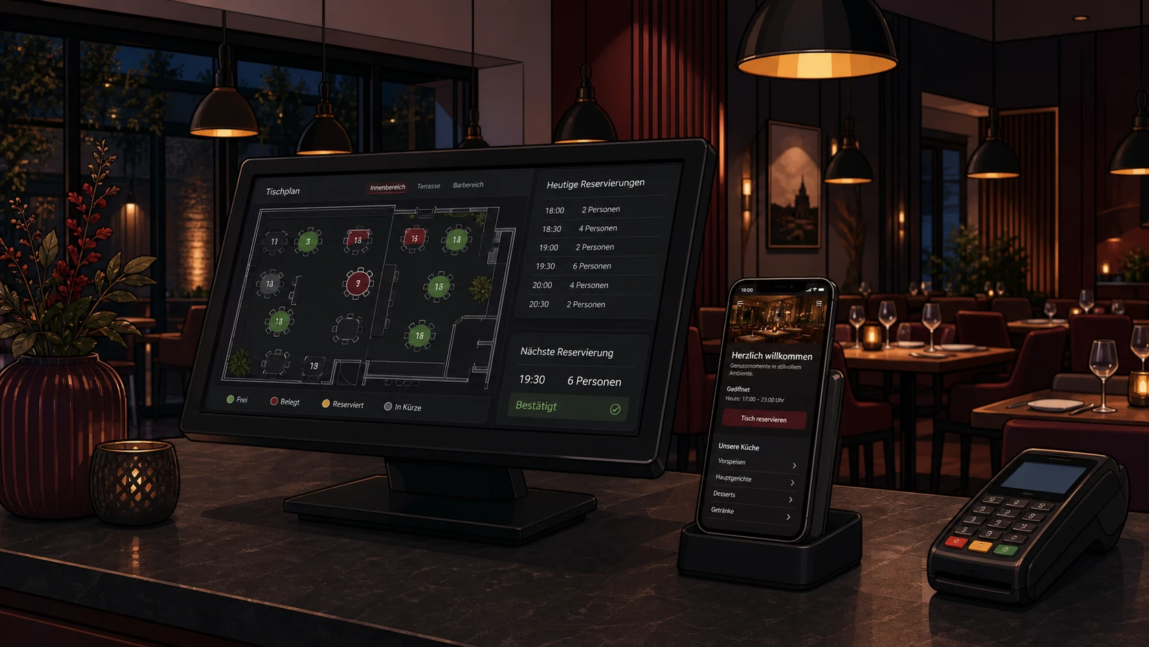 Restaurant-Arbeitsplatz mit digitalem Tischplan, Reservierungsübersicht und mobiler Website