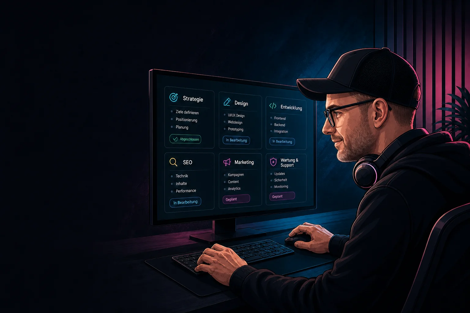Editoriale Illustration von Chris Derix mit Blick auf einen Monitor zur Koordination digitaler Agenturleistungen