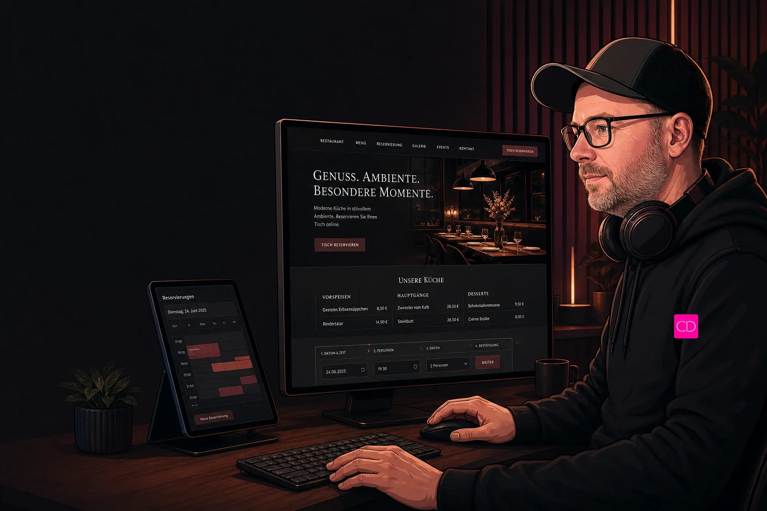 Editoriale Illustration von Chris Derix bei der Prüfung einer Restaurant-Website mit digitaler Tischreservierung