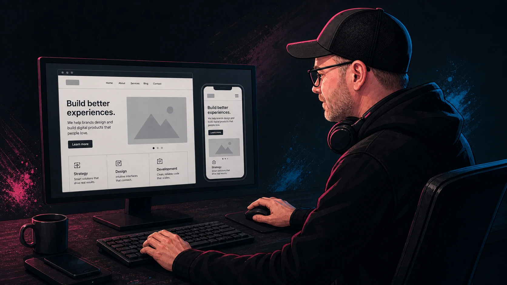 Editoriale Illustration von Chris Derix beim Responsive-Test einer Website an Monitor, Tastatur und Maus