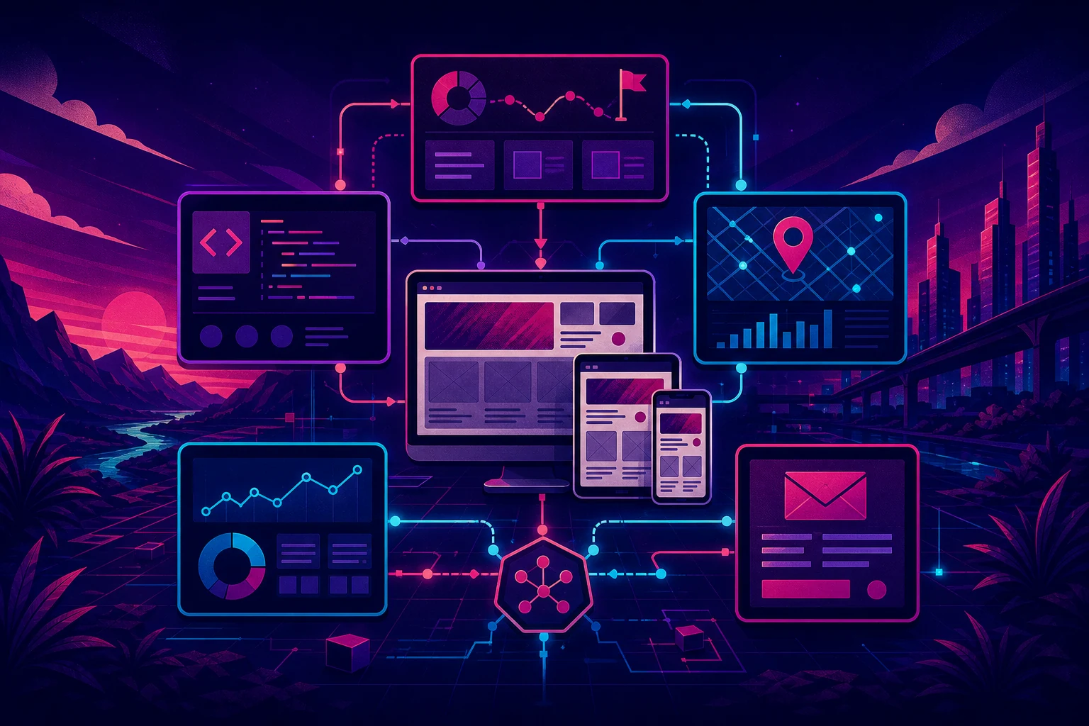 Illustration eines vernetzten Agentursystems mit Website, Code, Standortkarte, Auswertung und Kontaktanfrage