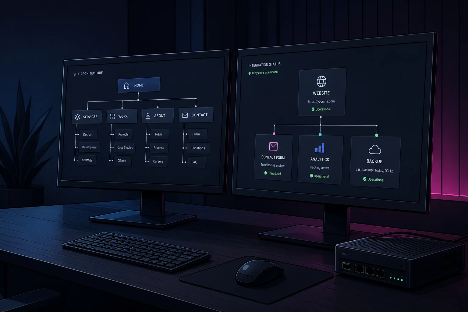 Zwei physische Monitore mit Website-Architektur und Status verbundener Agentursysteme