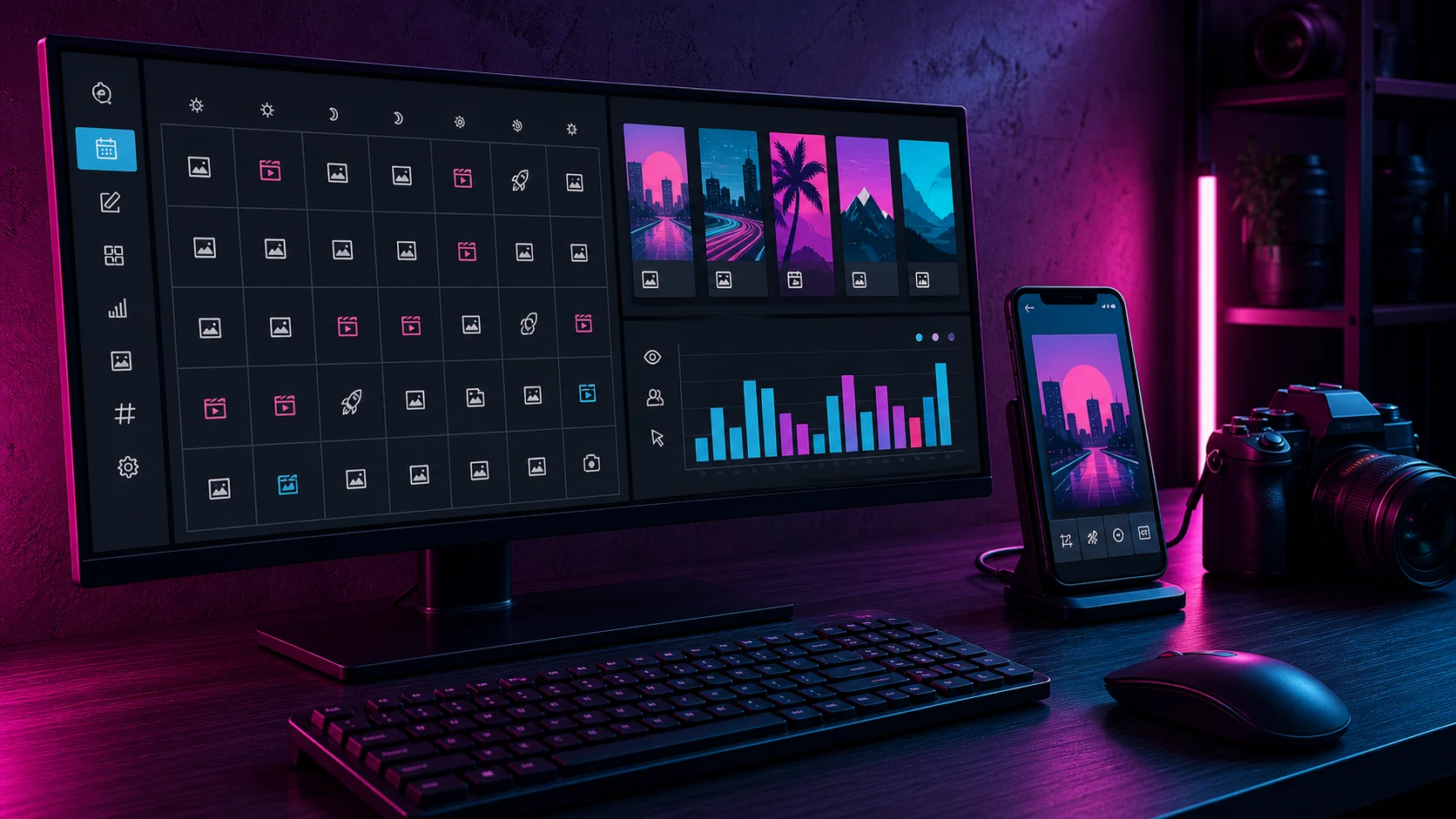 Illustration eines Social-Media-Redaktionssystems mit Themen, Kalender und Auswertung