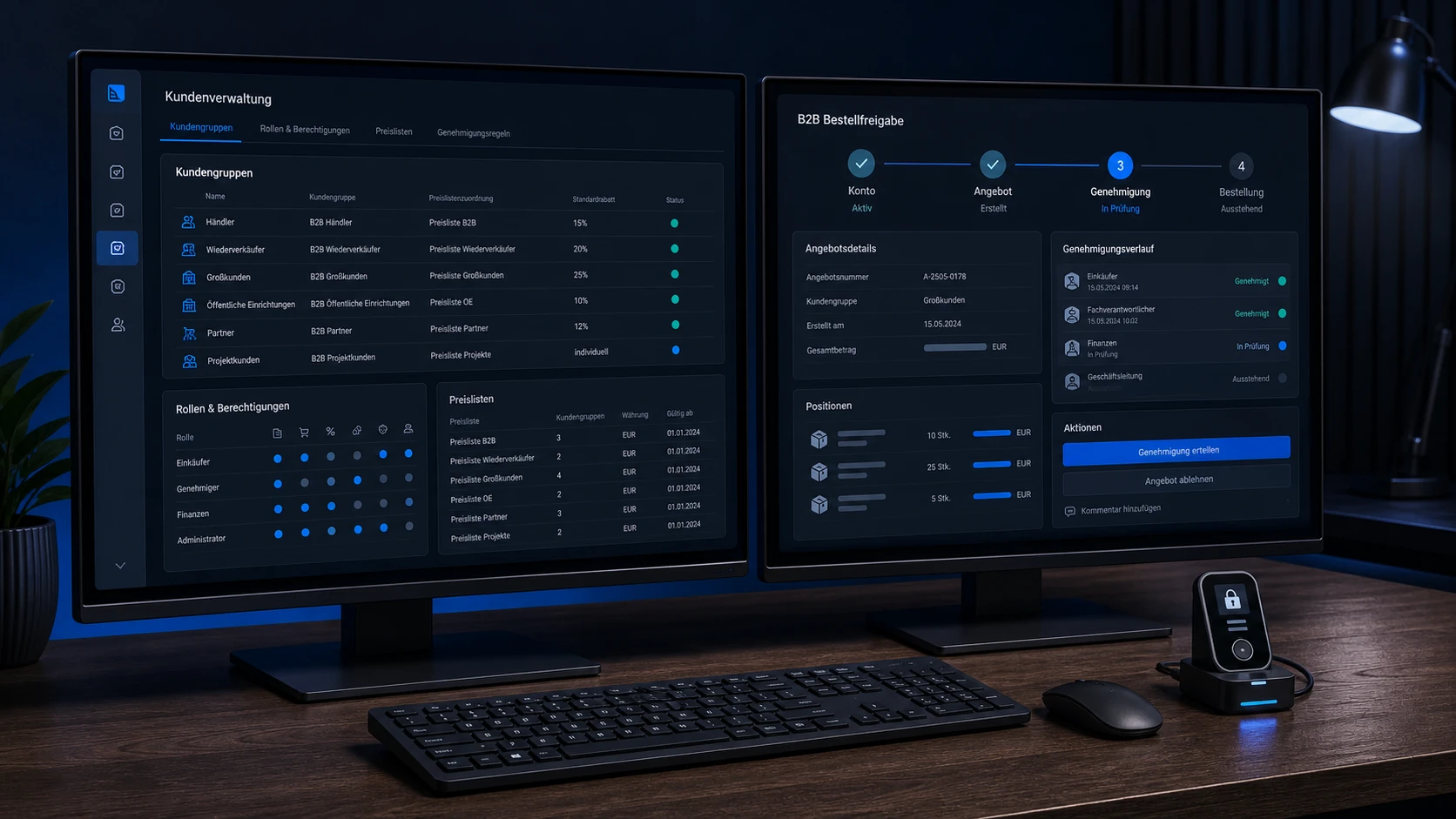 Physische Monitore mit Shopware-B2B-Kundengruppen, Preislisten und Bestellfreigabe