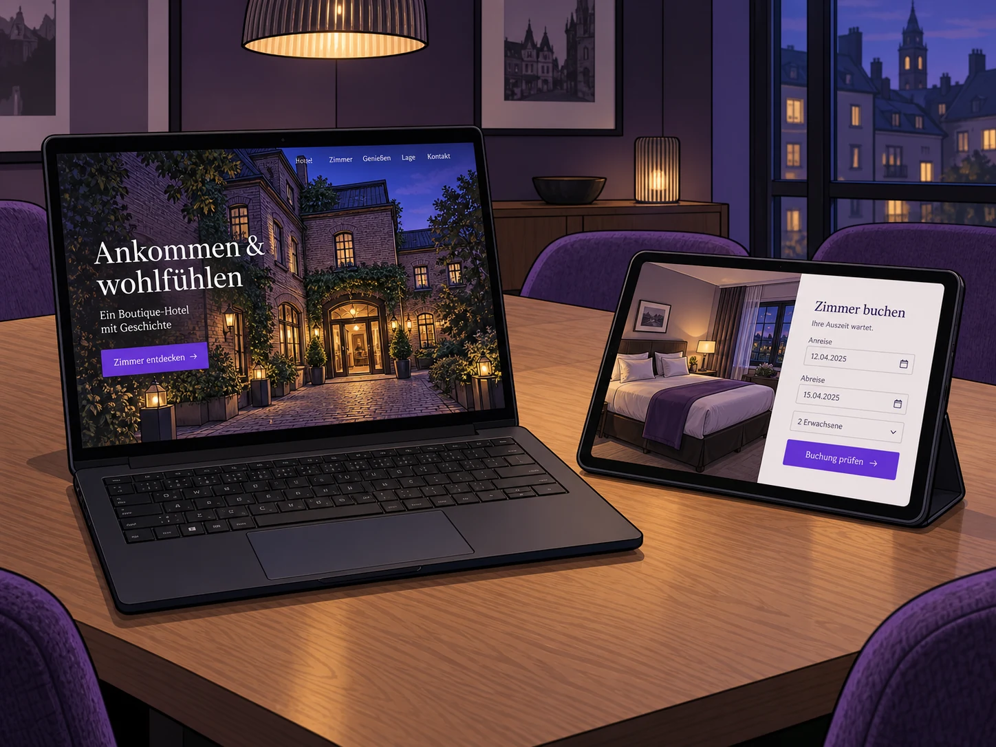 Illustration einer Hotelwebsite am Notebook und einer zugehörigen Buchungsansicht am Tablet bei einer digitalen Projektabstimmung
