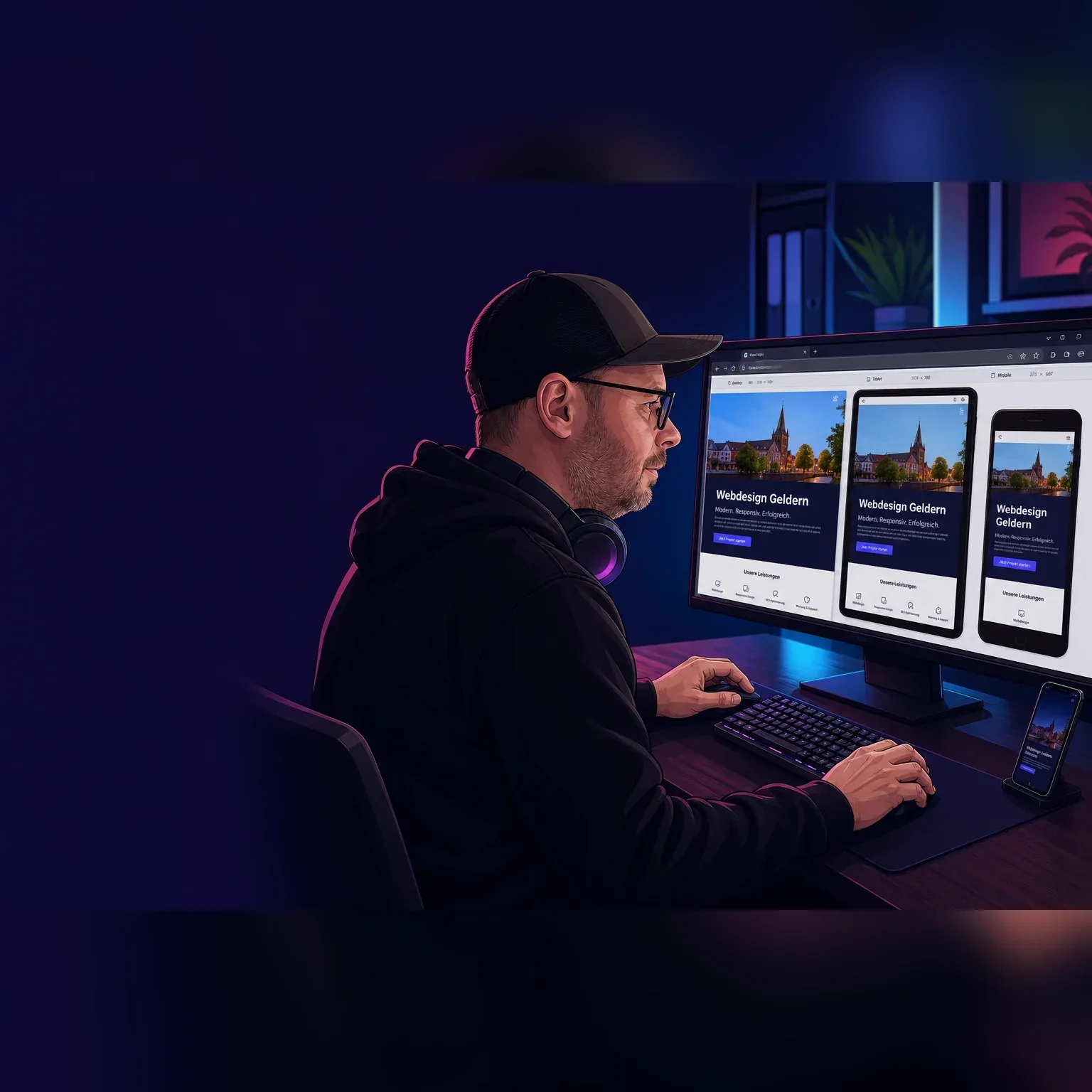Editoriale Illustration von Chris Derix beim responsiven Webdesign-Test am Monitor