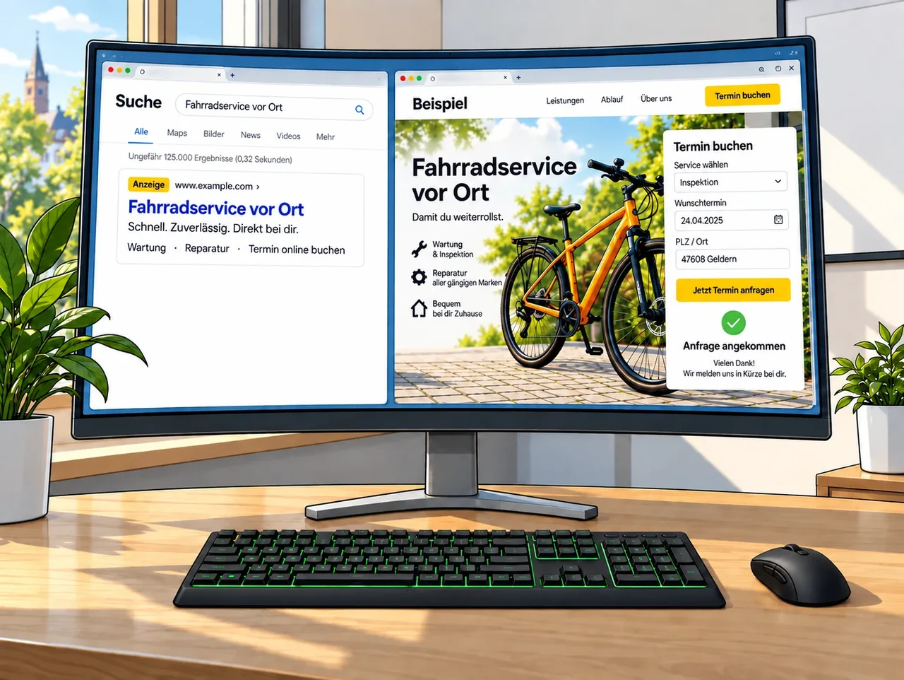 Illustration einer Suchanzeige und einer Fahrradservice-Landingpage mit Anfrageformular auf einem Monitor.