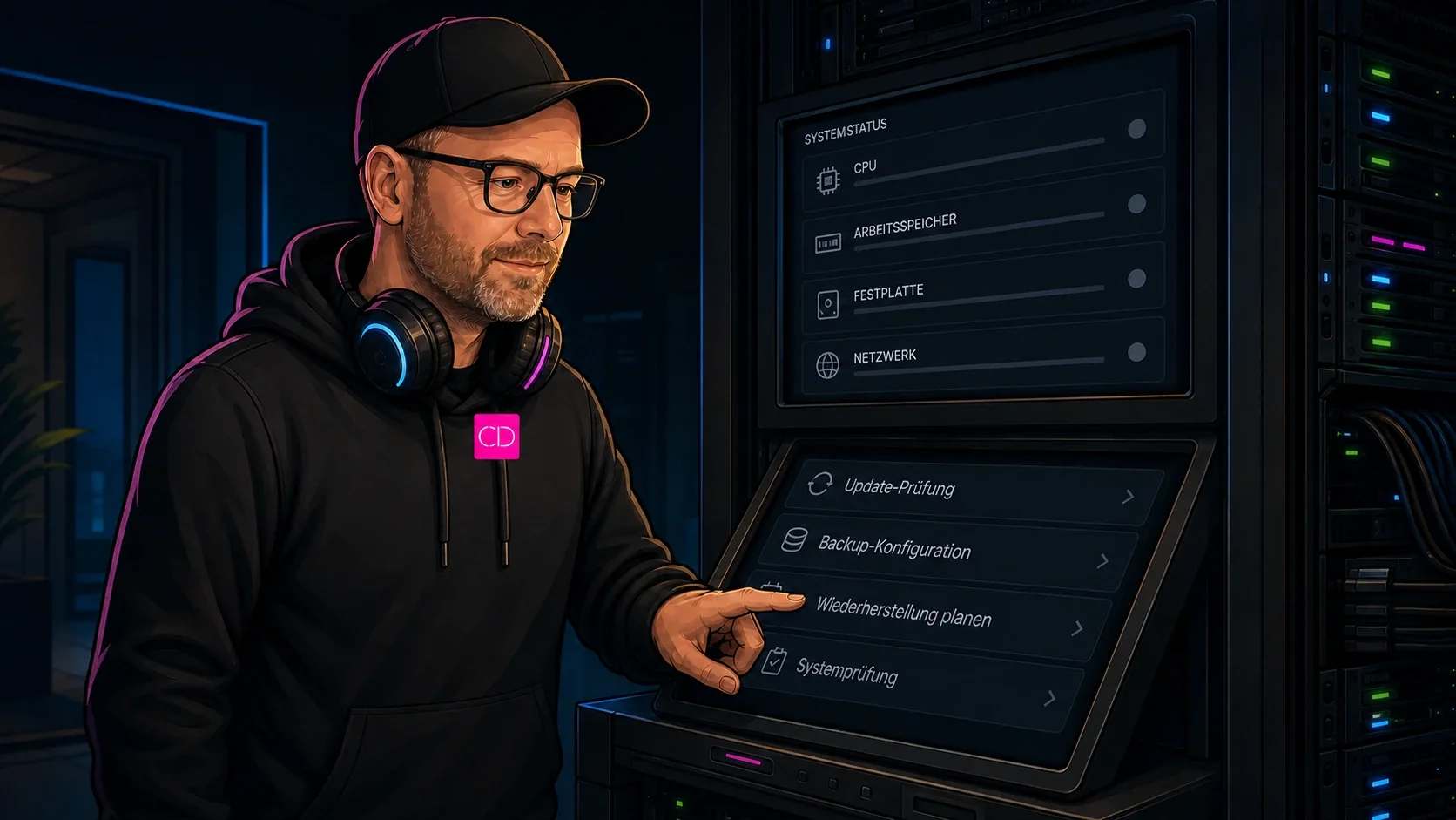 Editoriale Illustration von Chris Derix stehend an einer Wartungskonsole bei der Prüfung von Updates, Backup und Wiederherstellung