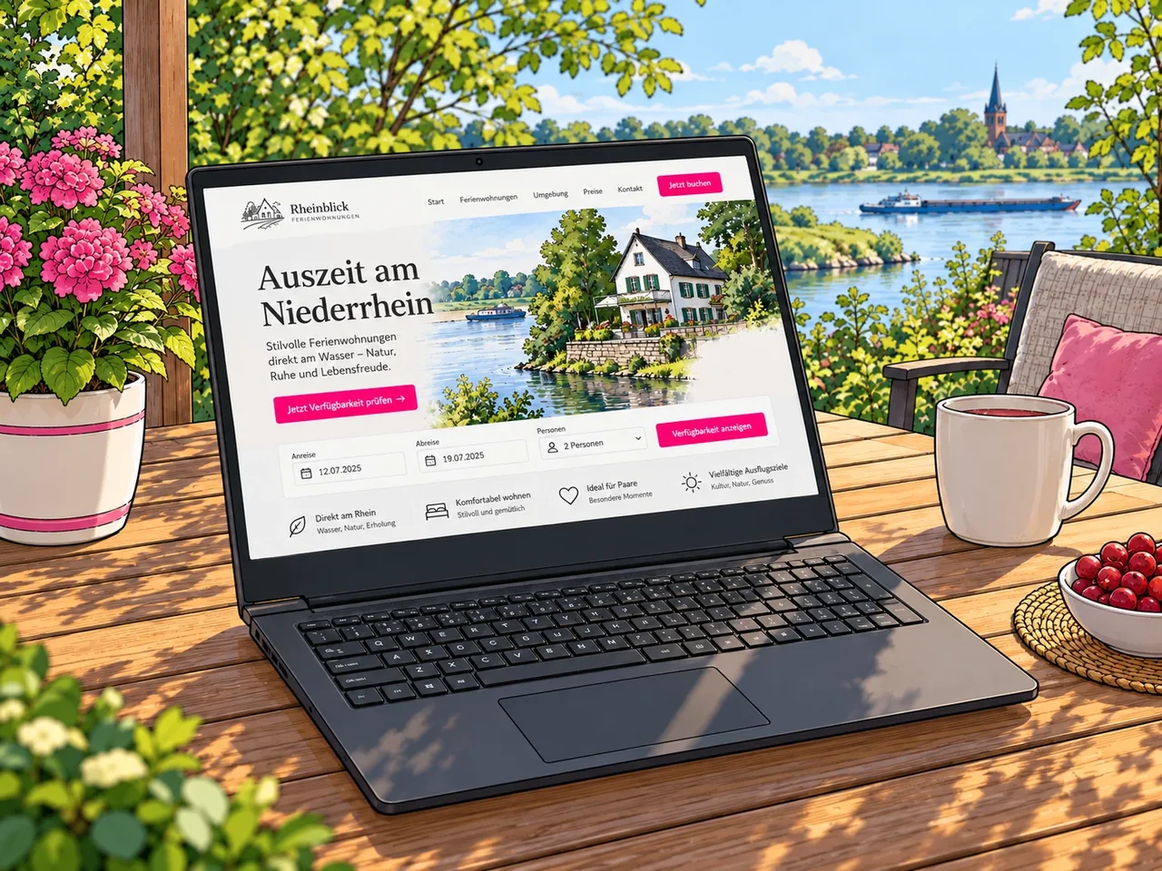 Illustrierte Ferienwohnungswebsite mit Buchungsansicht auf einem Notebook im Garten