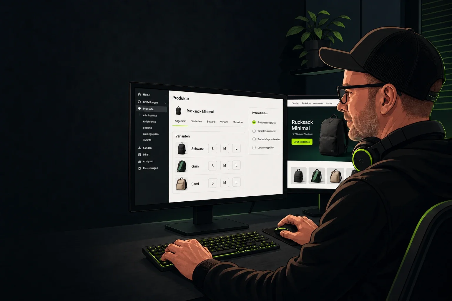 Illustration von Chris Derix bei der Pflege von Produktvarianten am Monitor
