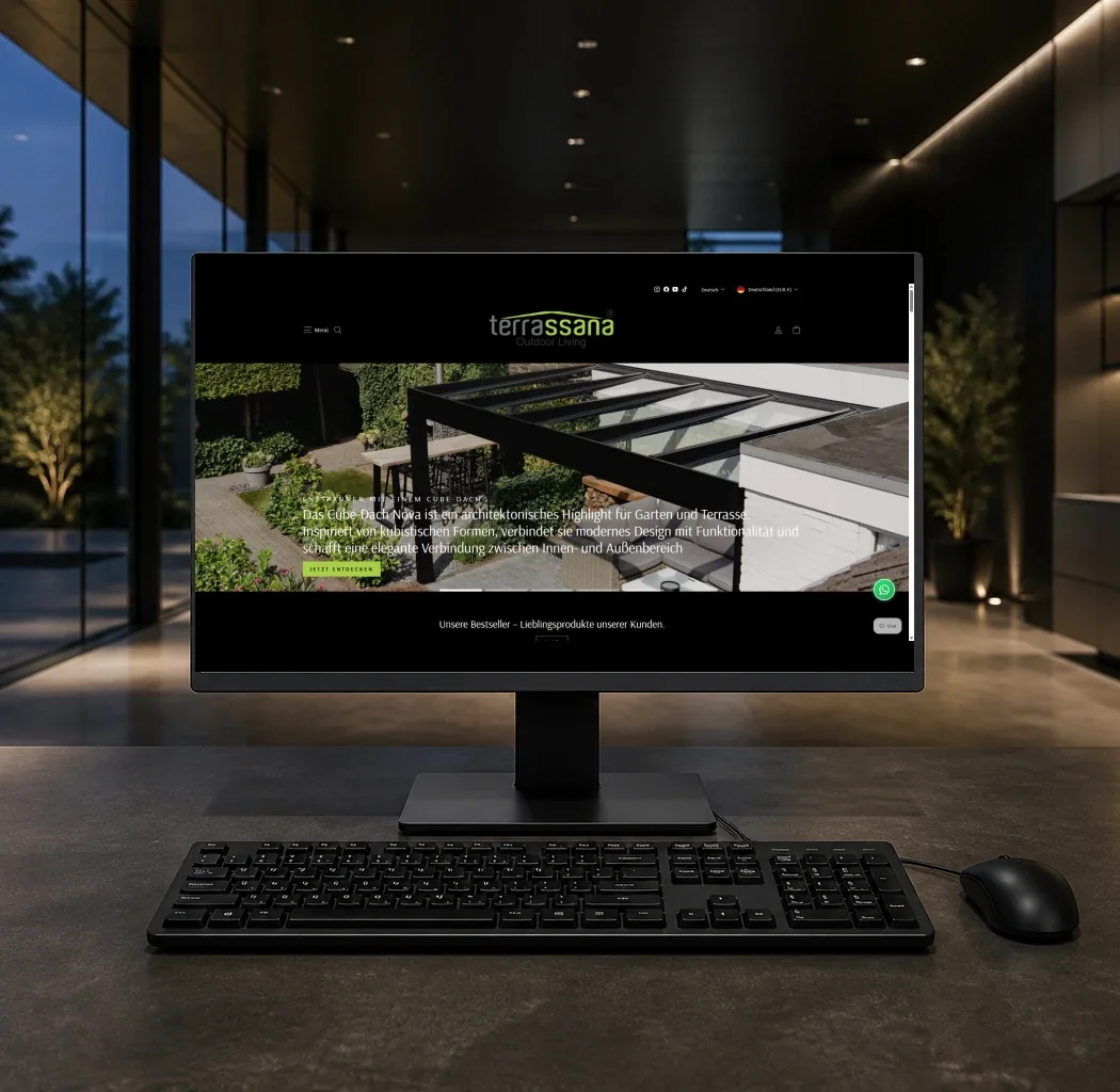 Terrassana-Onlineshop von Baran Aluminiumsysteme auf einem Monitor mit Produktnavigation und einer Terrassenüberdachung