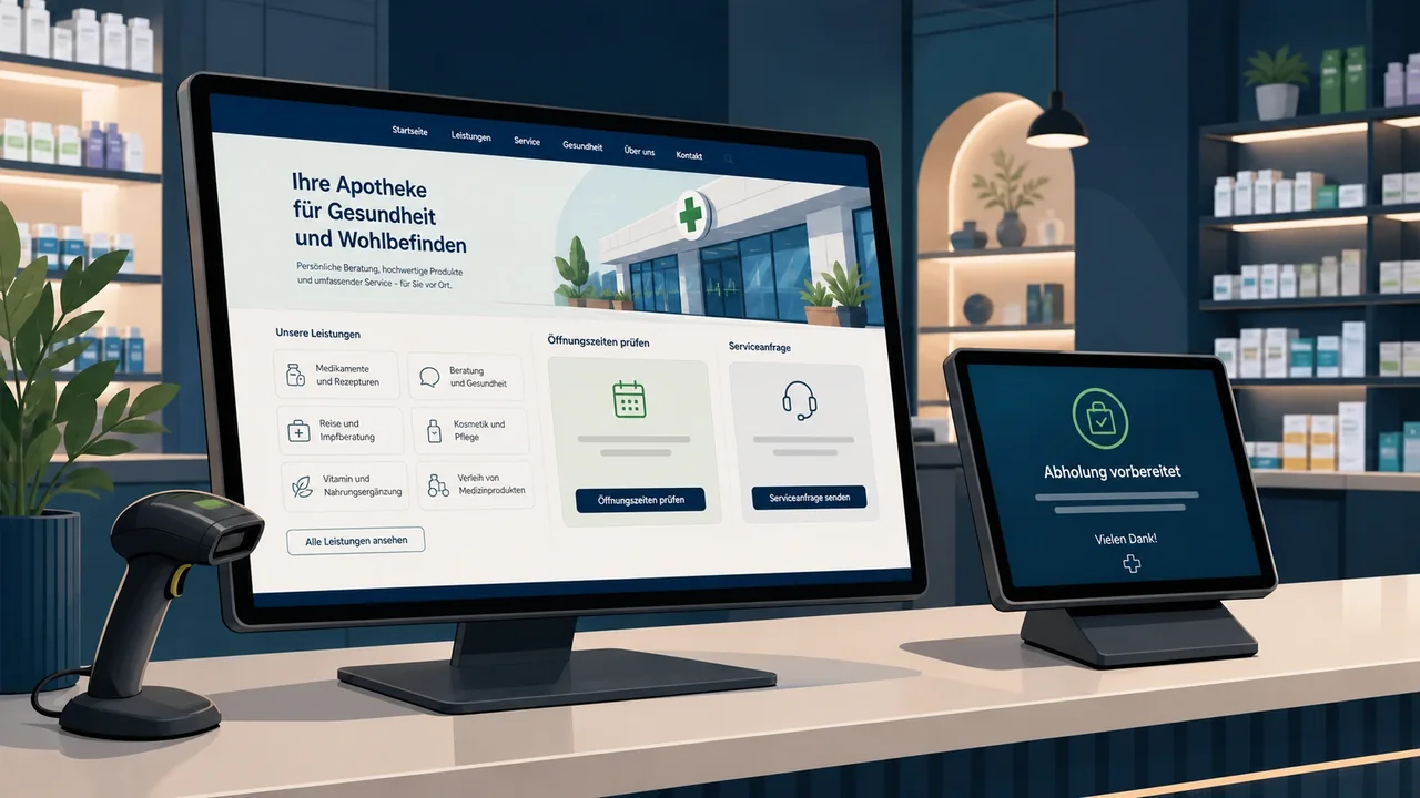 Apotheken-Arbeitsplatz mit Servicewebsite, Öffnungszeiten und digital vorbereitetem Abholstatus