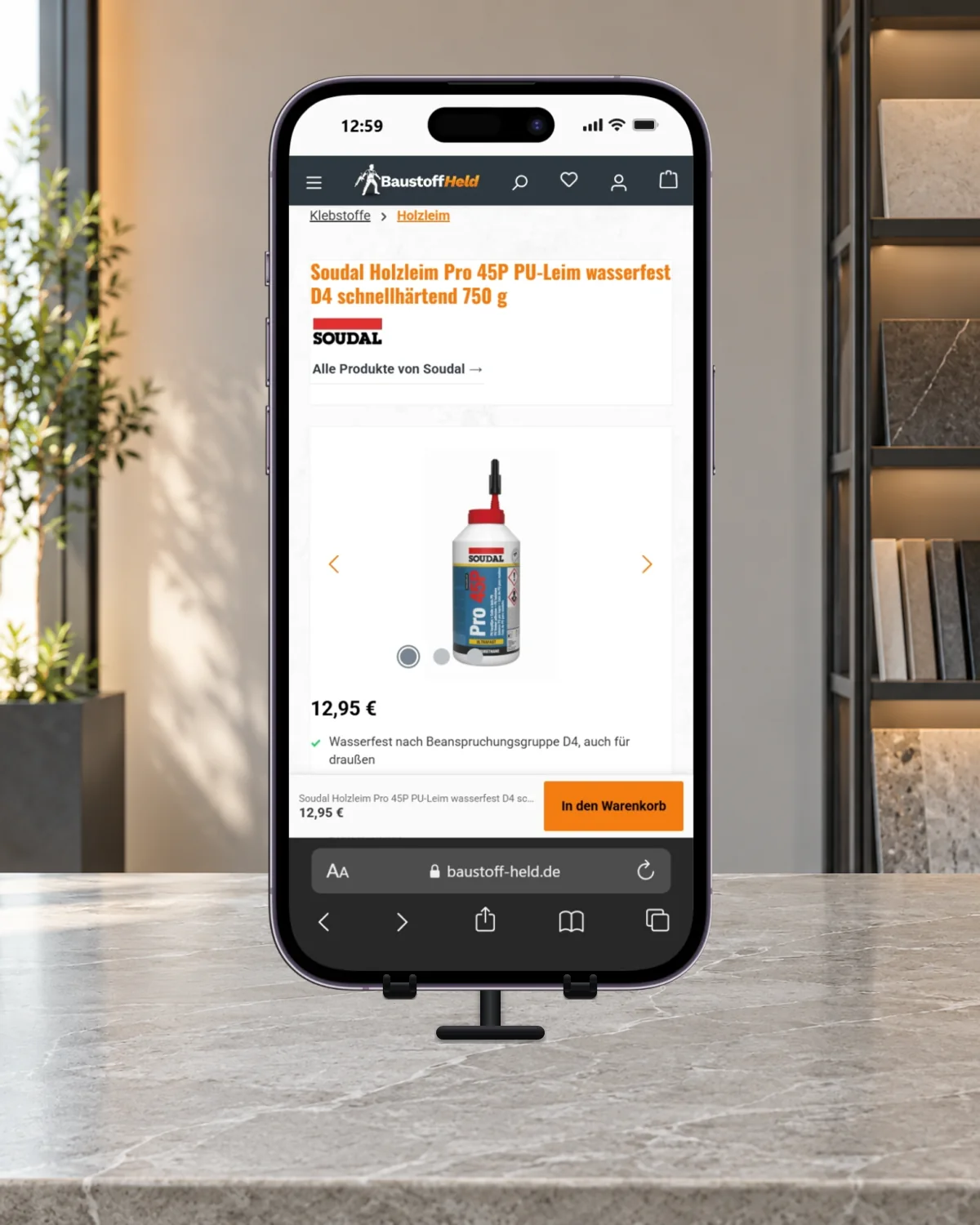 Mobile Holzleim-Produktseite im Baustoff-Held-Shop mit Warenkorb-Schaltfläche.