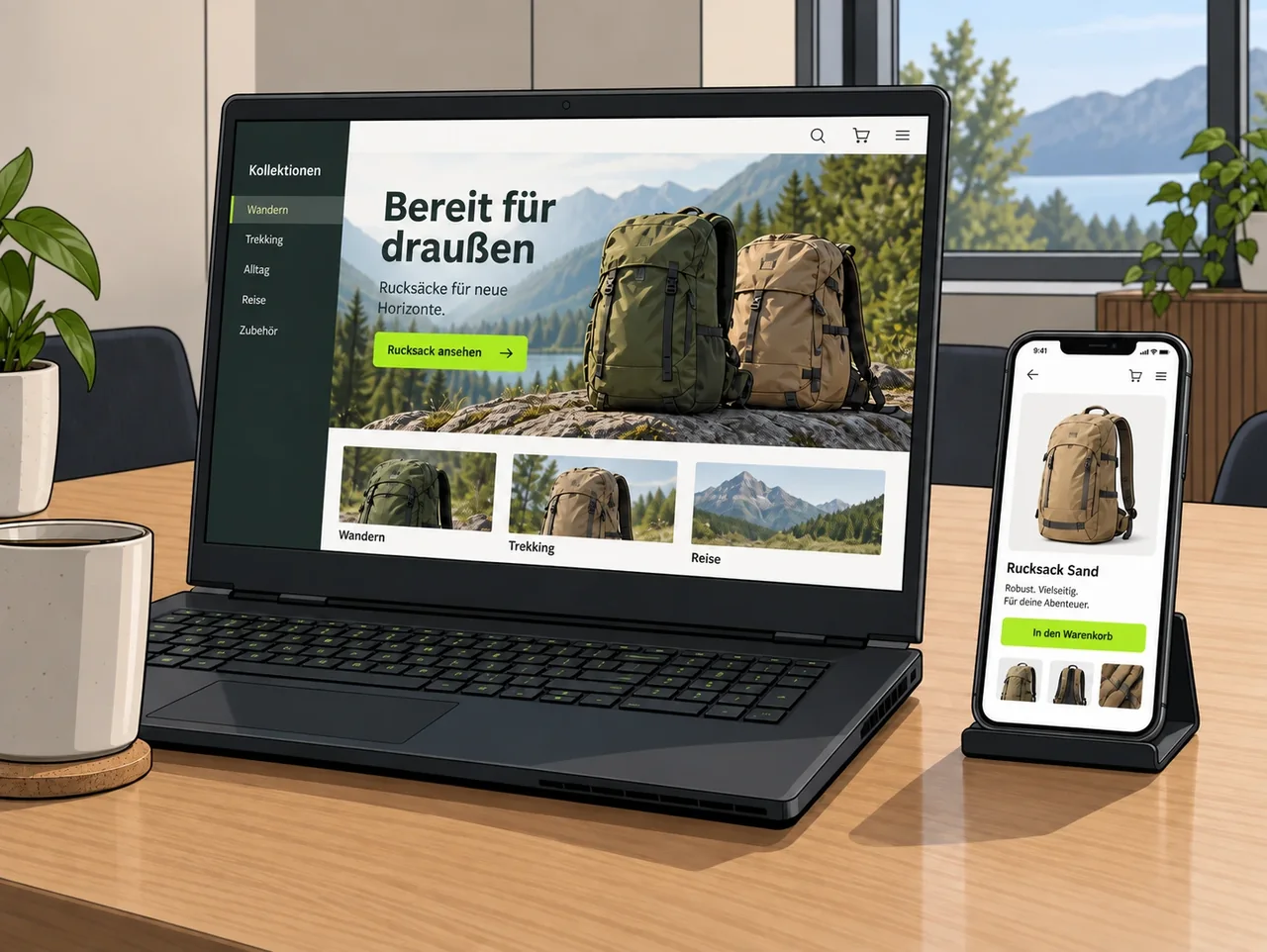 Illustration eines Rucksack-Shops auf Notebook und Smartphone