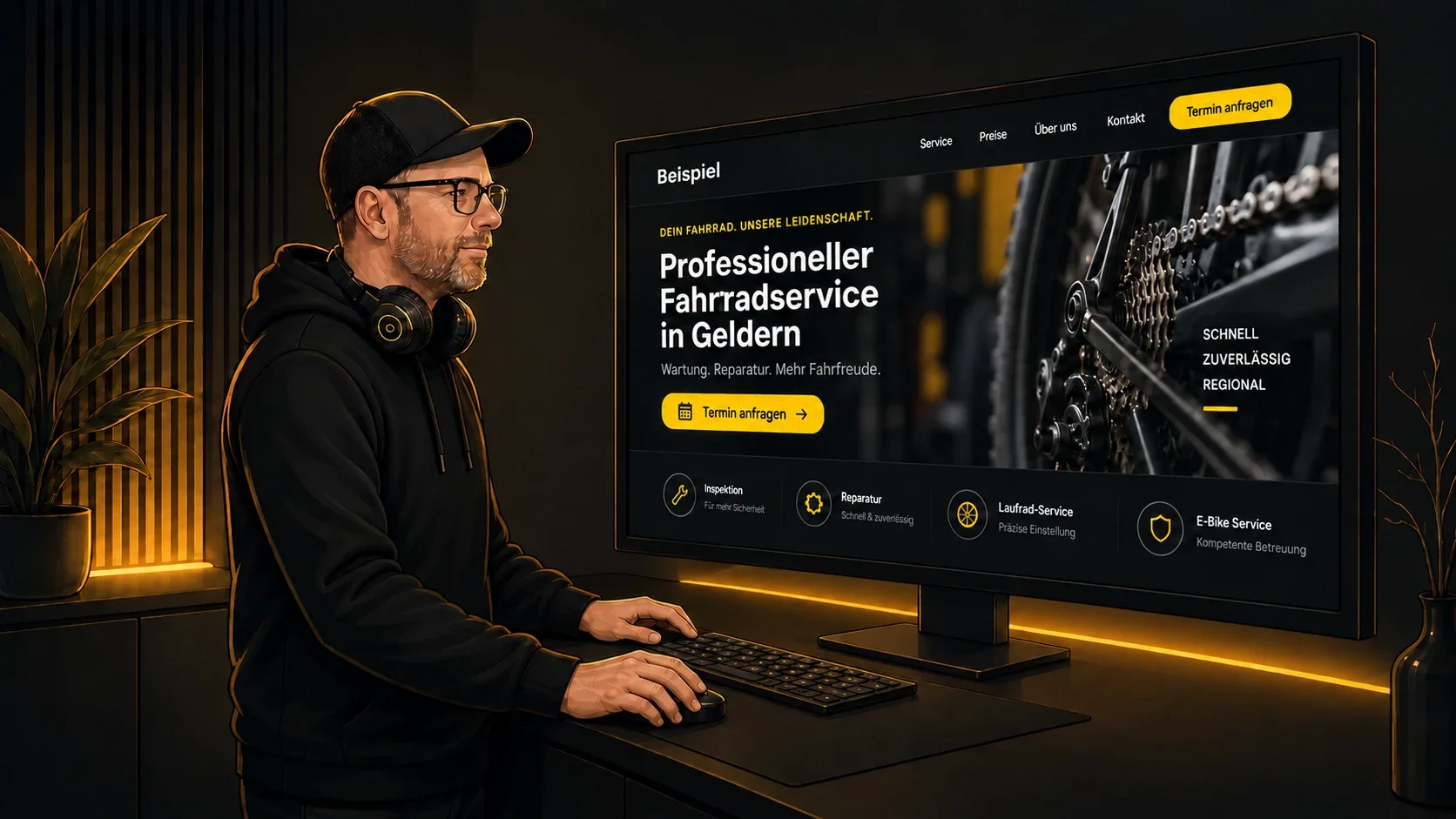 Chris Derix prüft eine Fahrradservice-Landingpage auf einem Monitor mit gelben Akzenten.