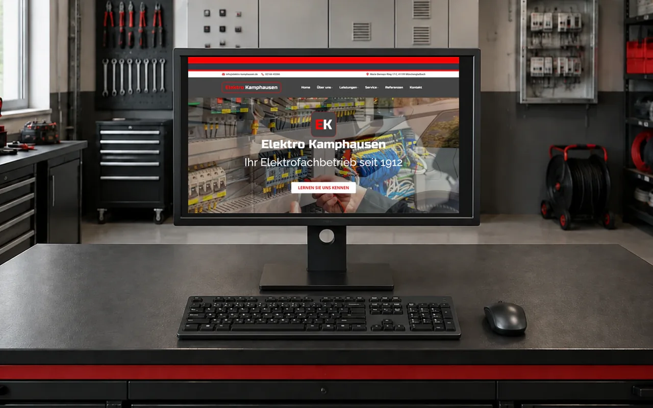 Monitor mit der Kamphausen-Website und Smart-Home-Motiv; davor Tastatur und Maus in einer Elektro-Werkstatt