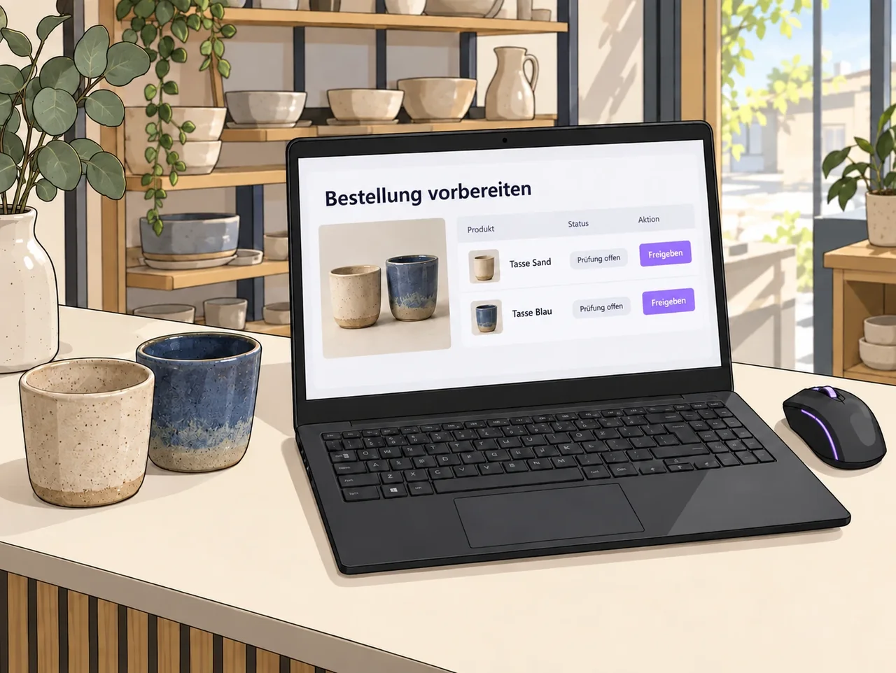 Illustration einer Bestellprüfung für Keramiktassen am Notebook
