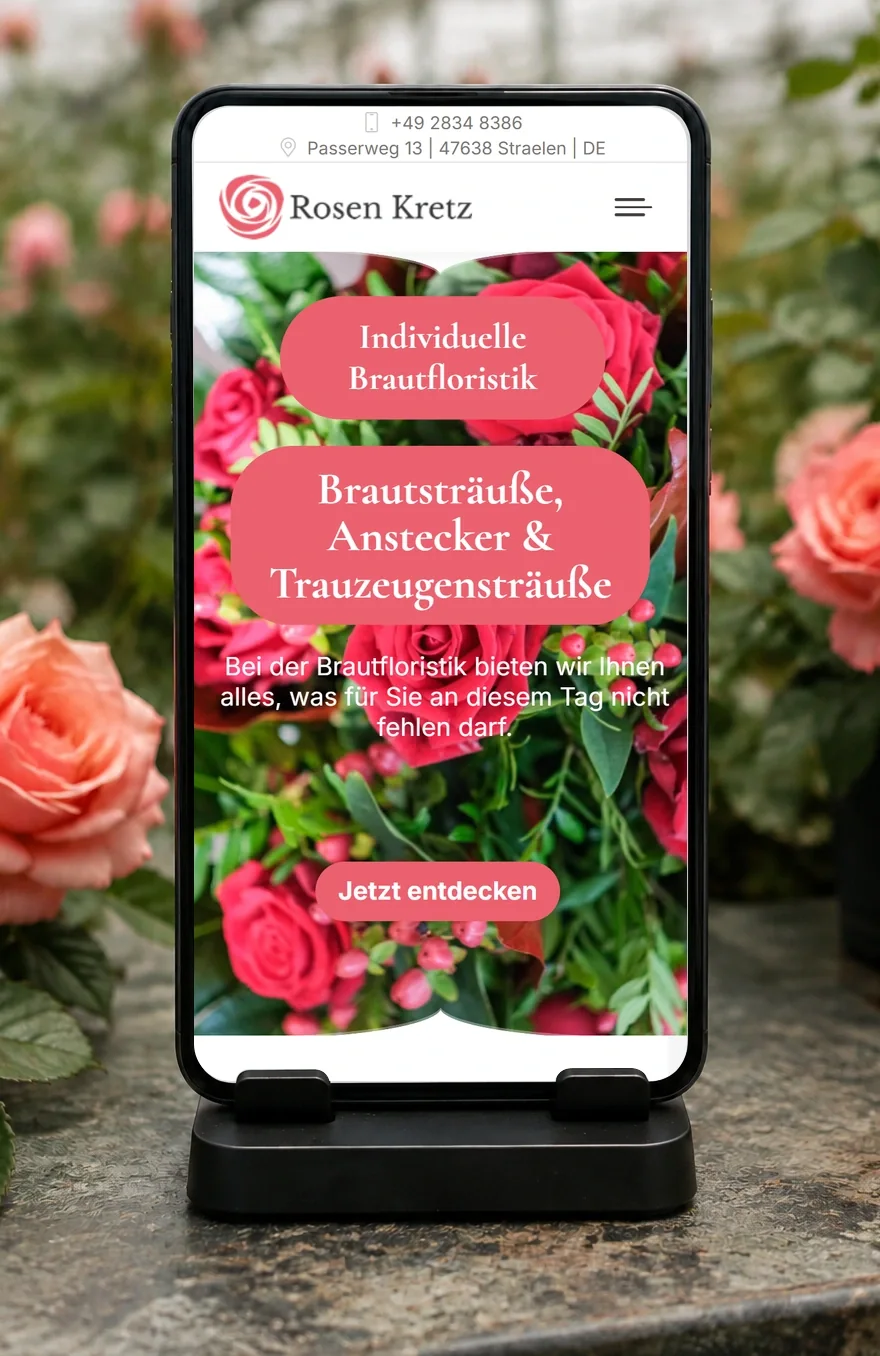 Mobile Ansicht der Rosen-Kretz-Website mit Brautfloristik, präsentiert auf einem Smartphone zwischen Rosen