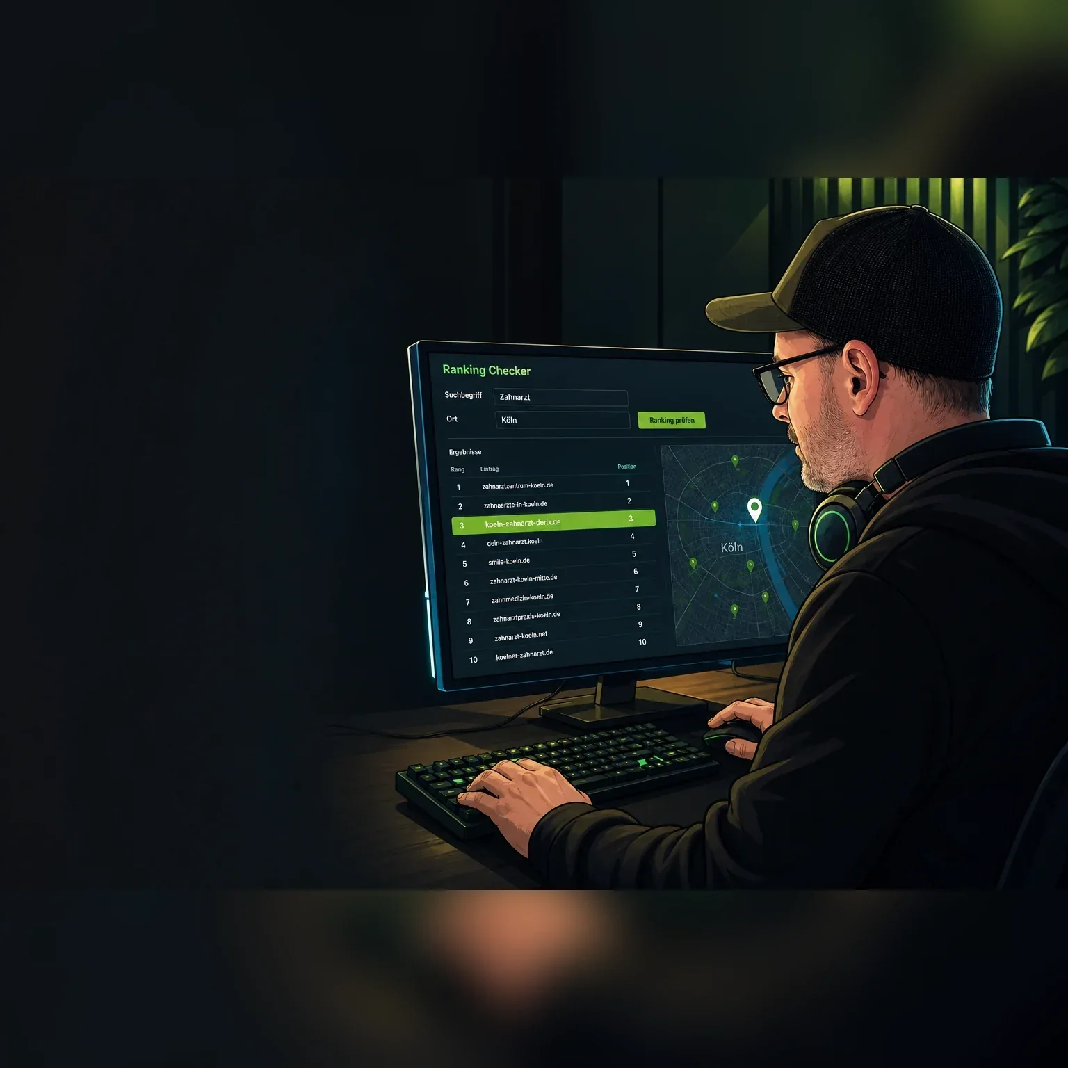 Editoriale Illustration von Chris Derix mit Blick auf ein hervorgehobenes Ranking-Ergebnis am Monitor