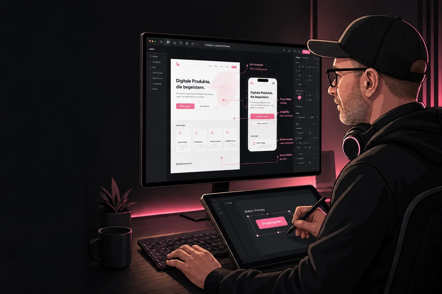 Illustration von Chris Derix bei der Prüfung eines responsiven Prototyps mit rosafarbenen UI-Akzenten