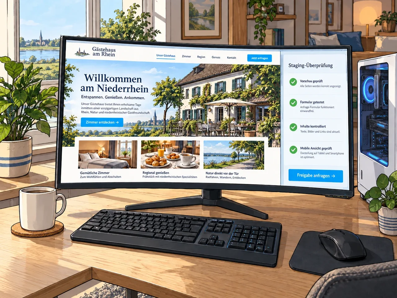 Monitor zeigt eine Gästehauswebsite mit Prüfungen vor der technischen Freigabe