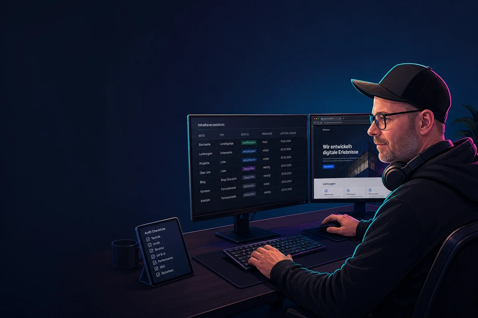 Editoriale Illustration von Chris Derix bei einer Website-Relaunch-Inventur mit URL-Liste, Checkliste und Arbeitsplatz