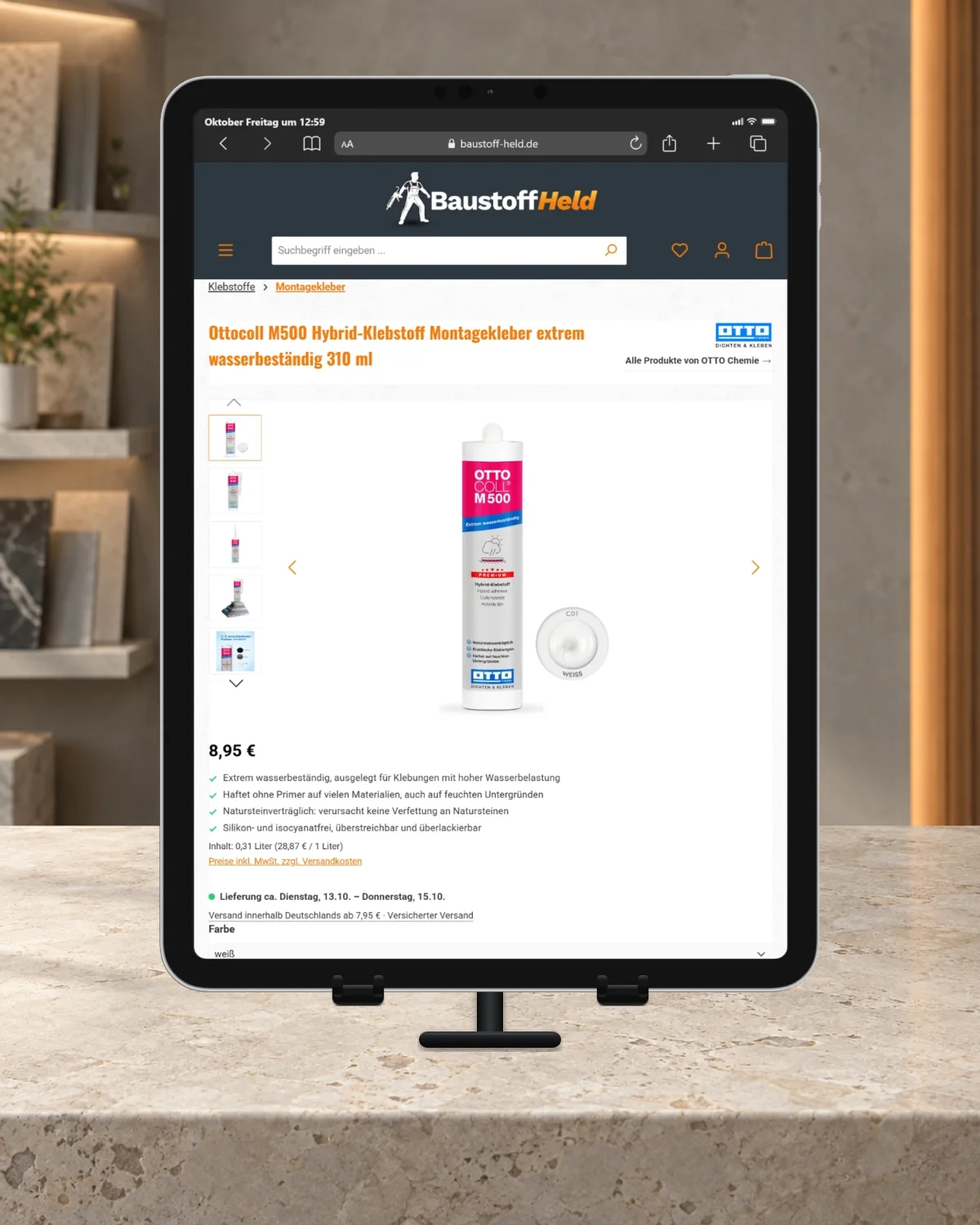 Produktseite für Ottocoll M500 im Baustoff-Held-Shop auf einem Tablet.