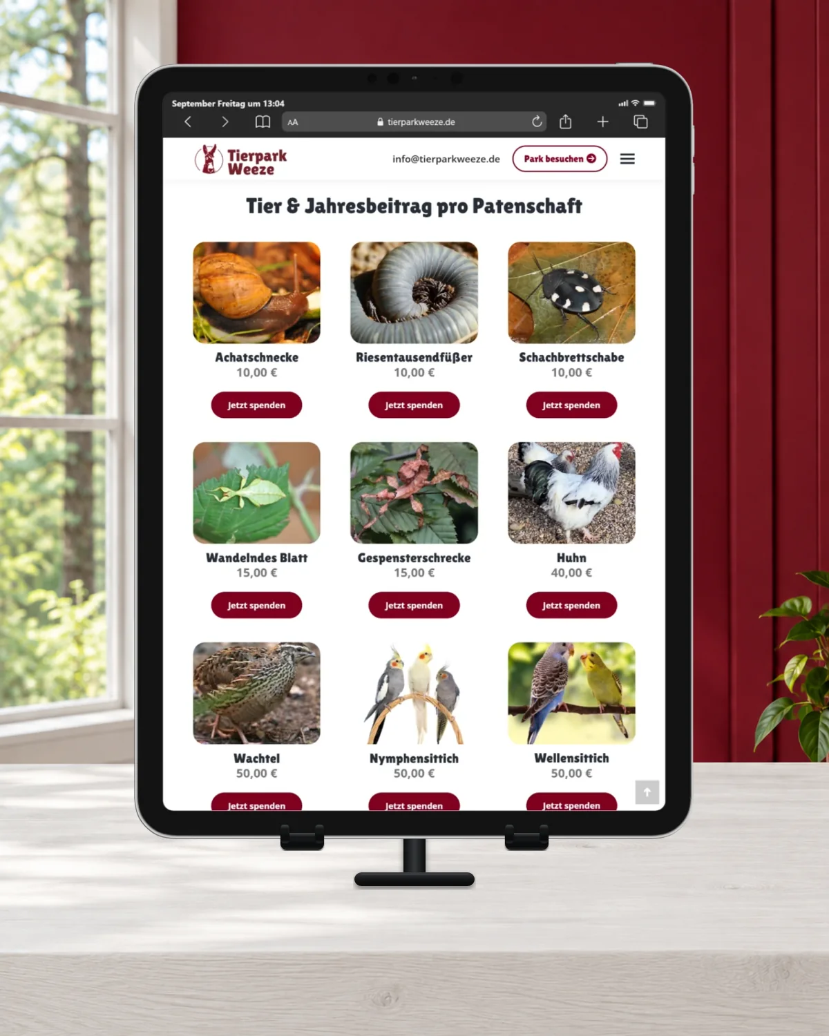 Tablet mit der Tierpatenschaftsübersicht des Tierparks Weeze auf einem Halter vor einer bordeauxroten Wand und einem Fenster