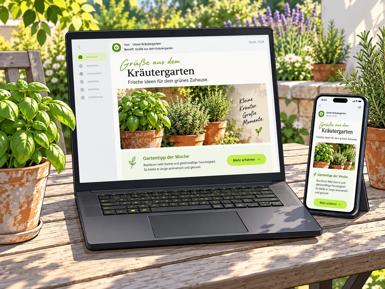 Illustration eines Kräuter-Newsletters auf Notebook und Smartphone am Gartentisch.