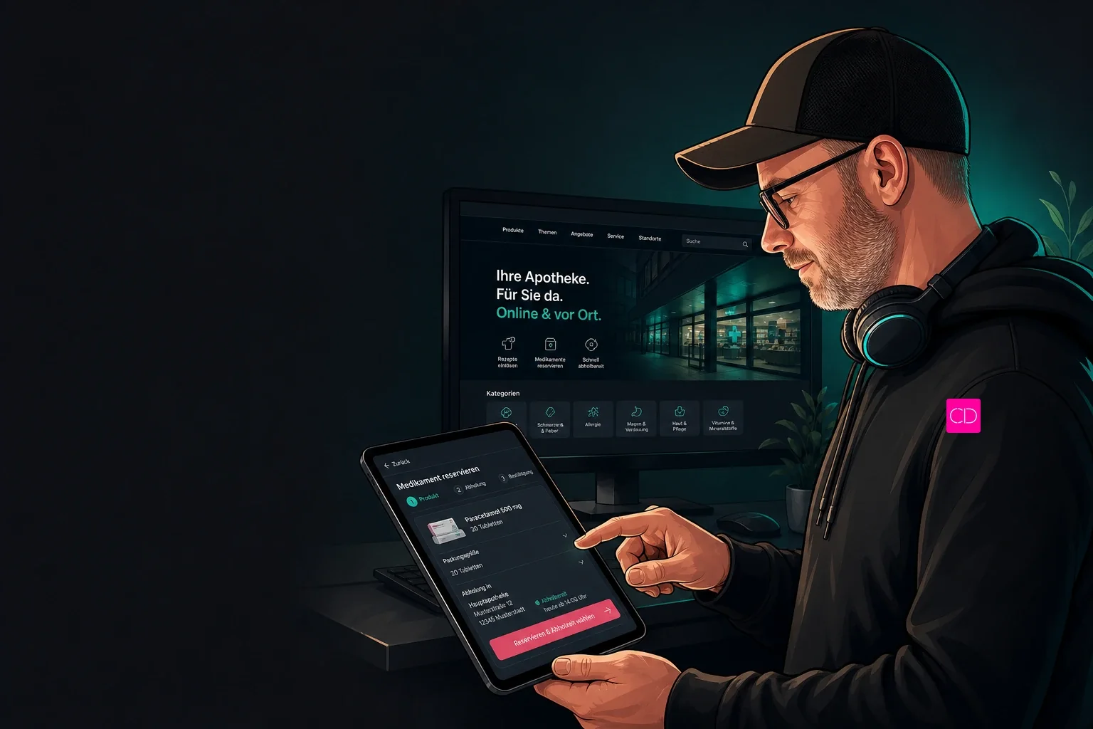 Editoriale Illustration von Chris Derix bei der Prüfung einer Apotheken-Website mit digitaler Reservierung zur Abholung