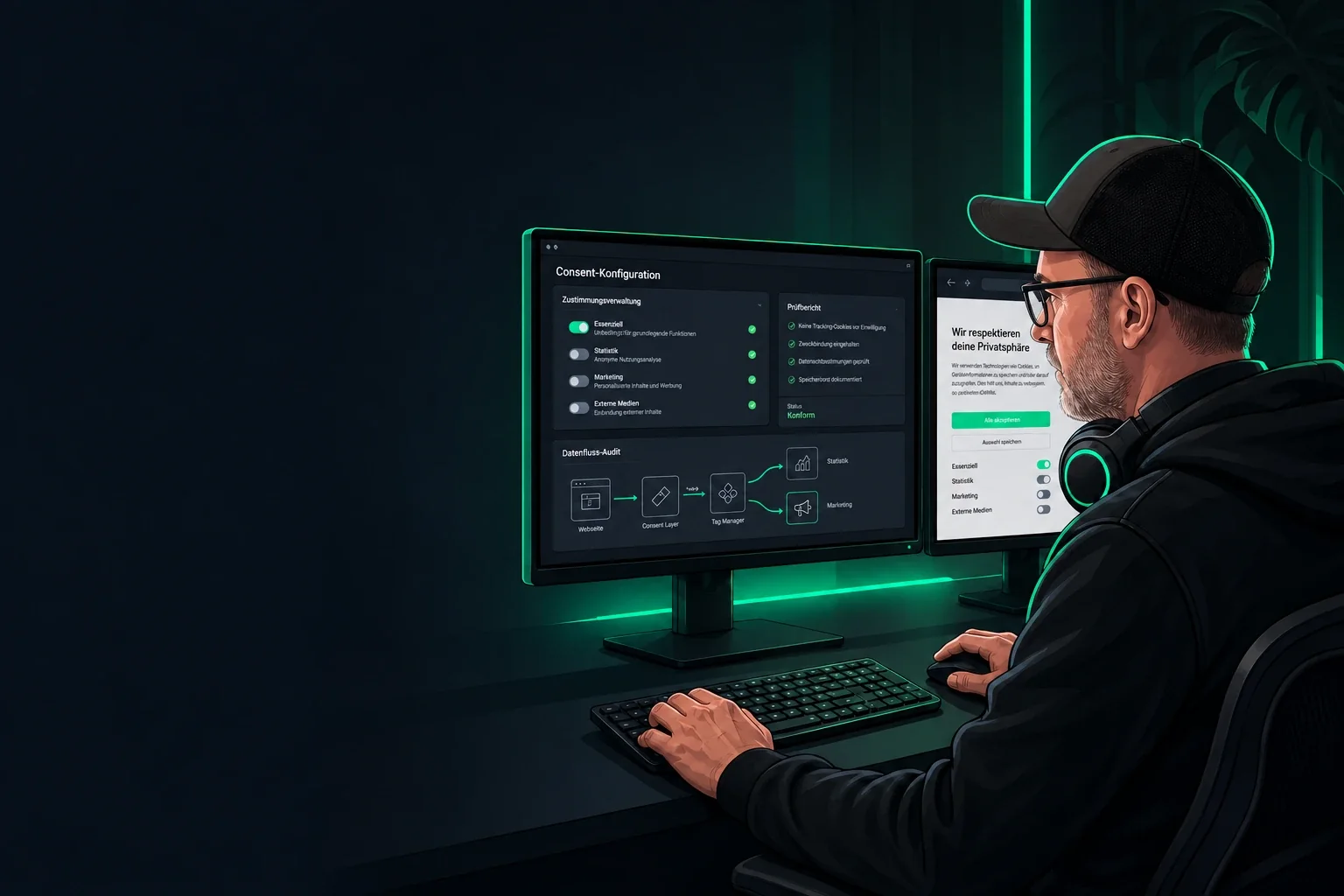 Illustration von Chris Derix bei der Prüfung von Einwilligungen an zwei Monitoren mit grünen Akzenten