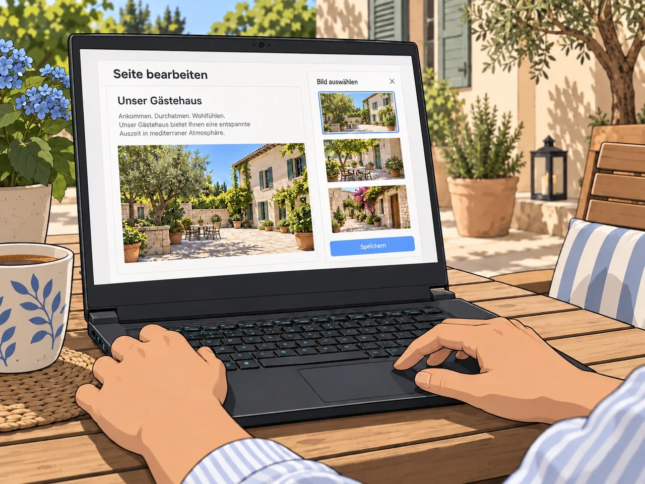 Illustration der Bildpflege für eine Gästehaus-Website am Notebook