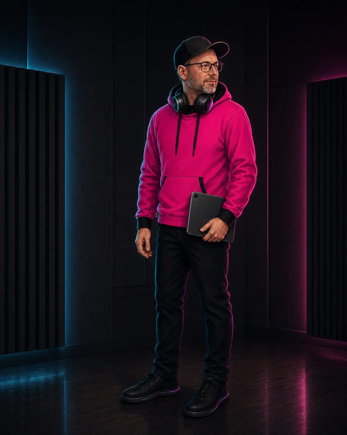 Editoriale Ganzkörperillustration von Chris Derix mit Cappy, Kopfhörern, pinkem Hoodie und einem schwarzen Tablet