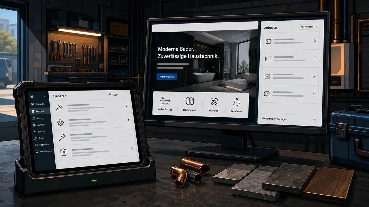 Werkstattarbeitsplatz mit Tablet für Einsatzplanung und Monitor für Website und Angebotsanfragen