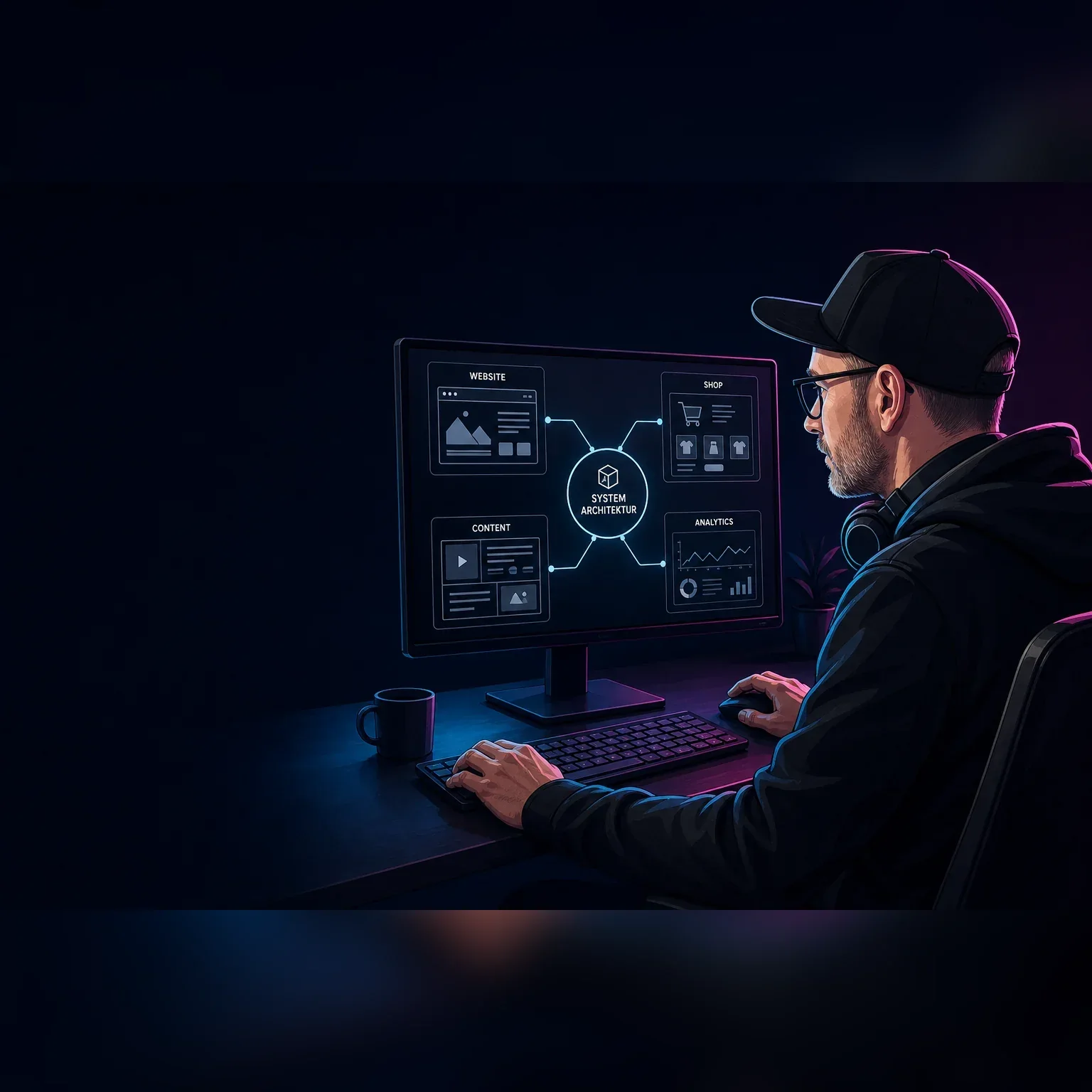 Editoriale Illustration von Chris Derix mit Blick auf eine digitale Systemarchitektur am Monitor