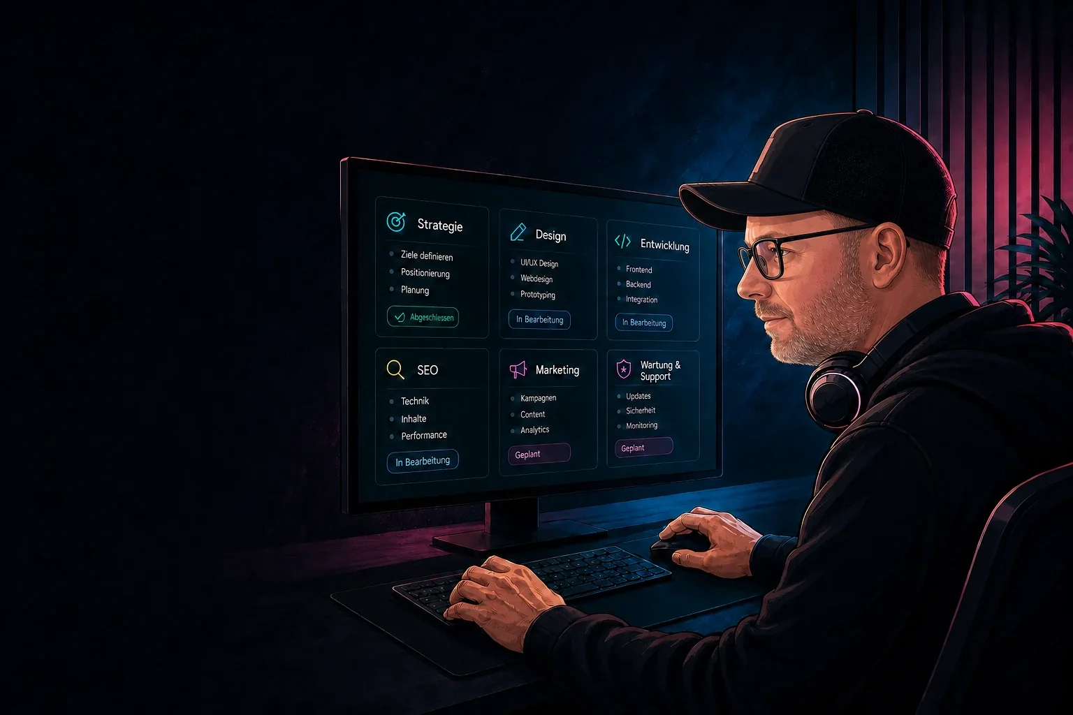 Editoriale Illustration von Chris Derix mit Blick auf einen Monitor zur Koordination digitaler Agenturleistungen