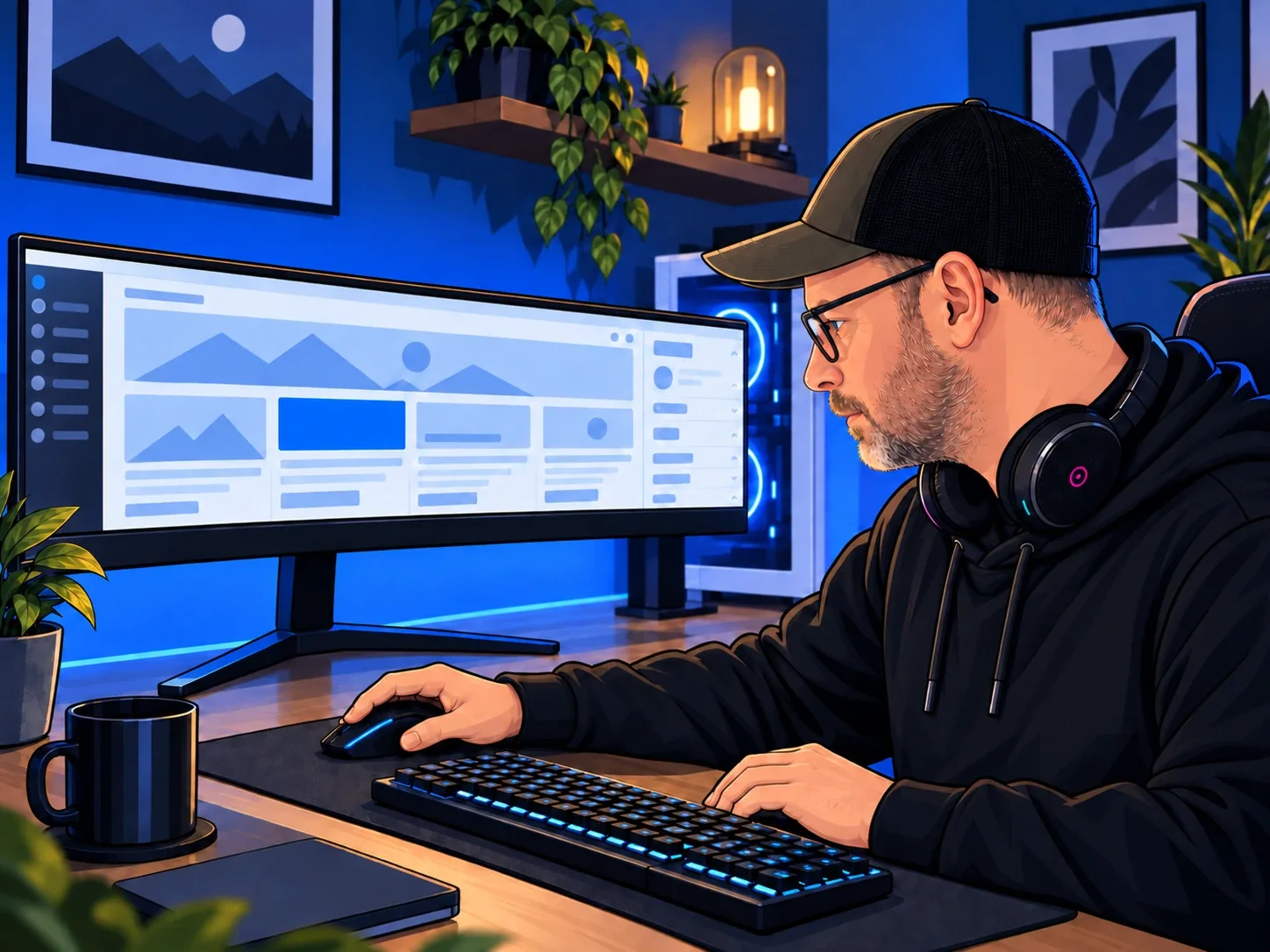 Illustration von Chris Derix bei der Bearbeitung einer Website am Monitor