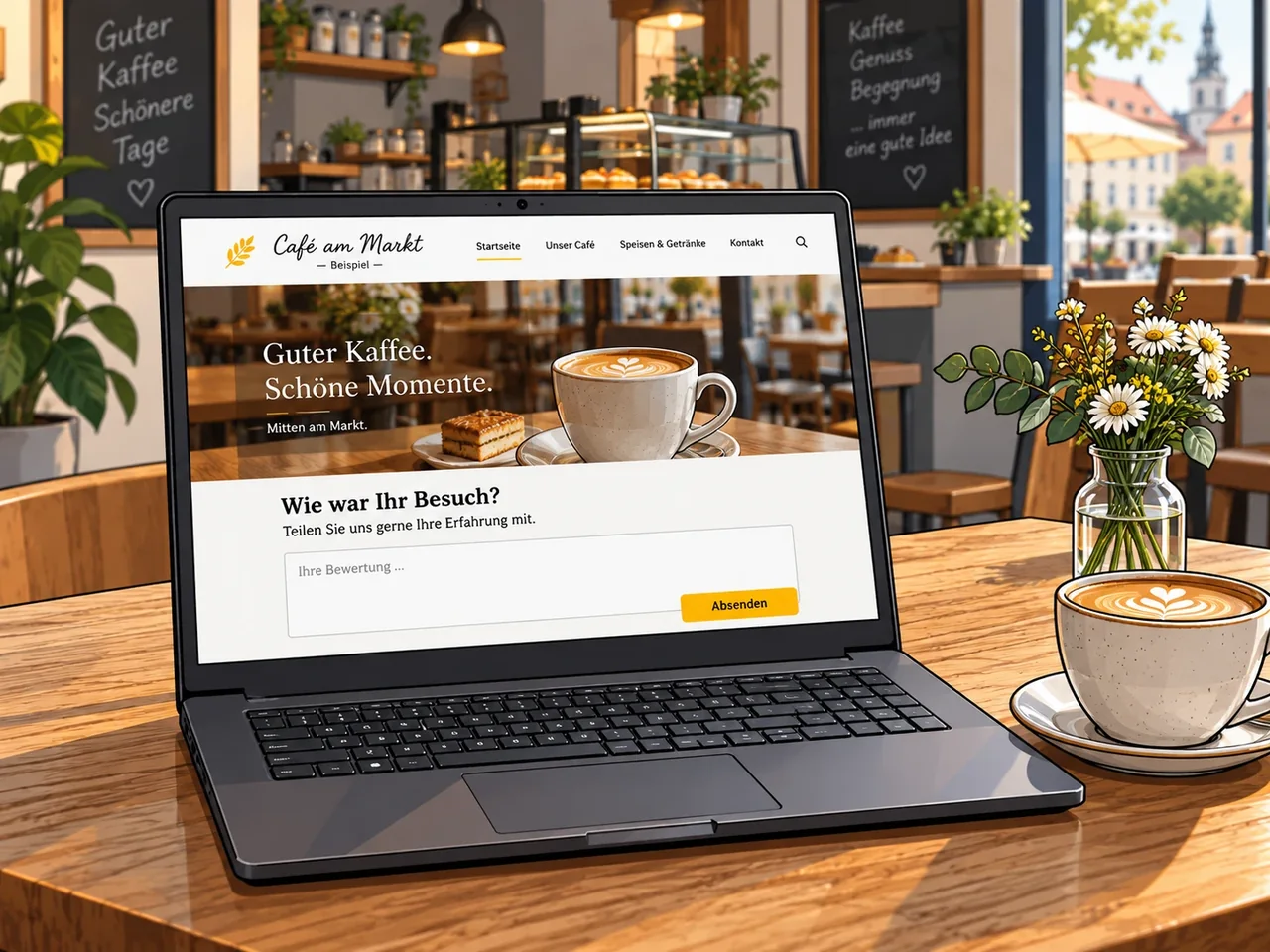 Illustration einer Café-Website mit Einladung zu ehrlichem Feedback auf einem Notebook.
