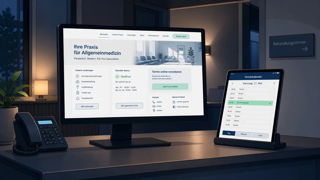 Praxis-Arbeitsplatz mit Website auf einem Monitor und digitalem Terminkalender auf einem Tablet