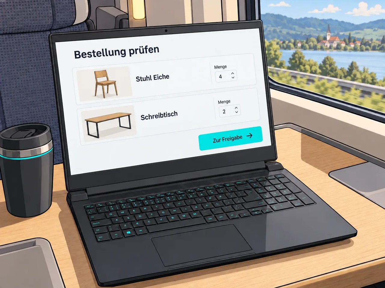 Illustration einer digitalen B2B-Bestellfreigabe am Notebook unterwegs