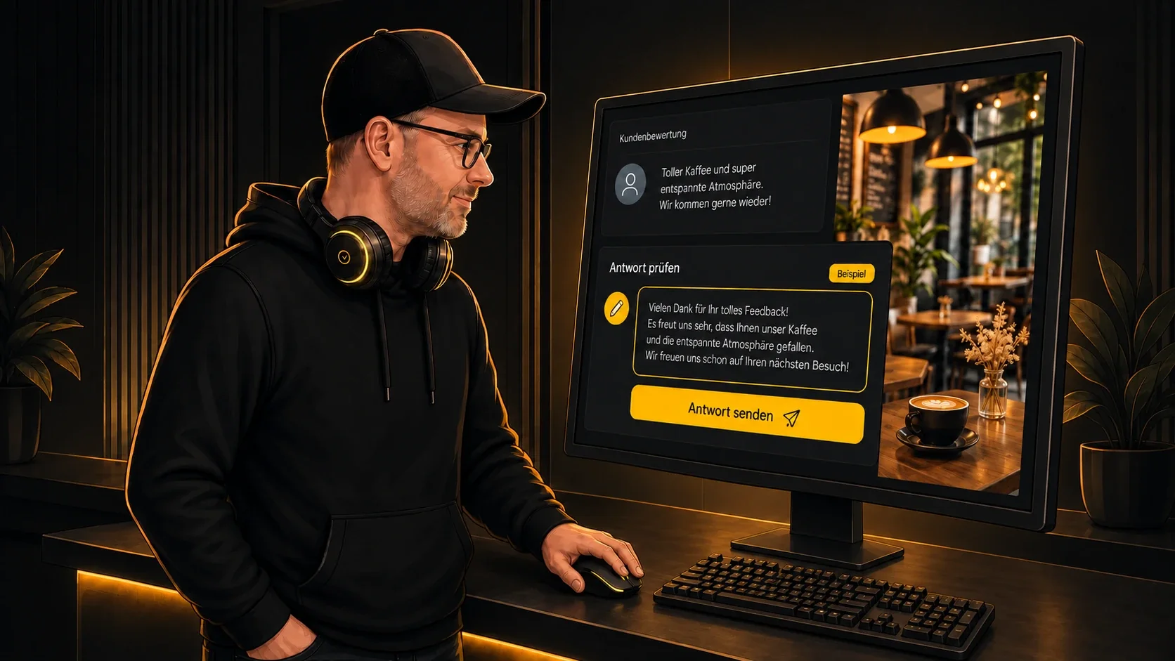 Chris Derix prüft eine beispielhafte Antwort auf eine Café-Bewertung am Monitor.